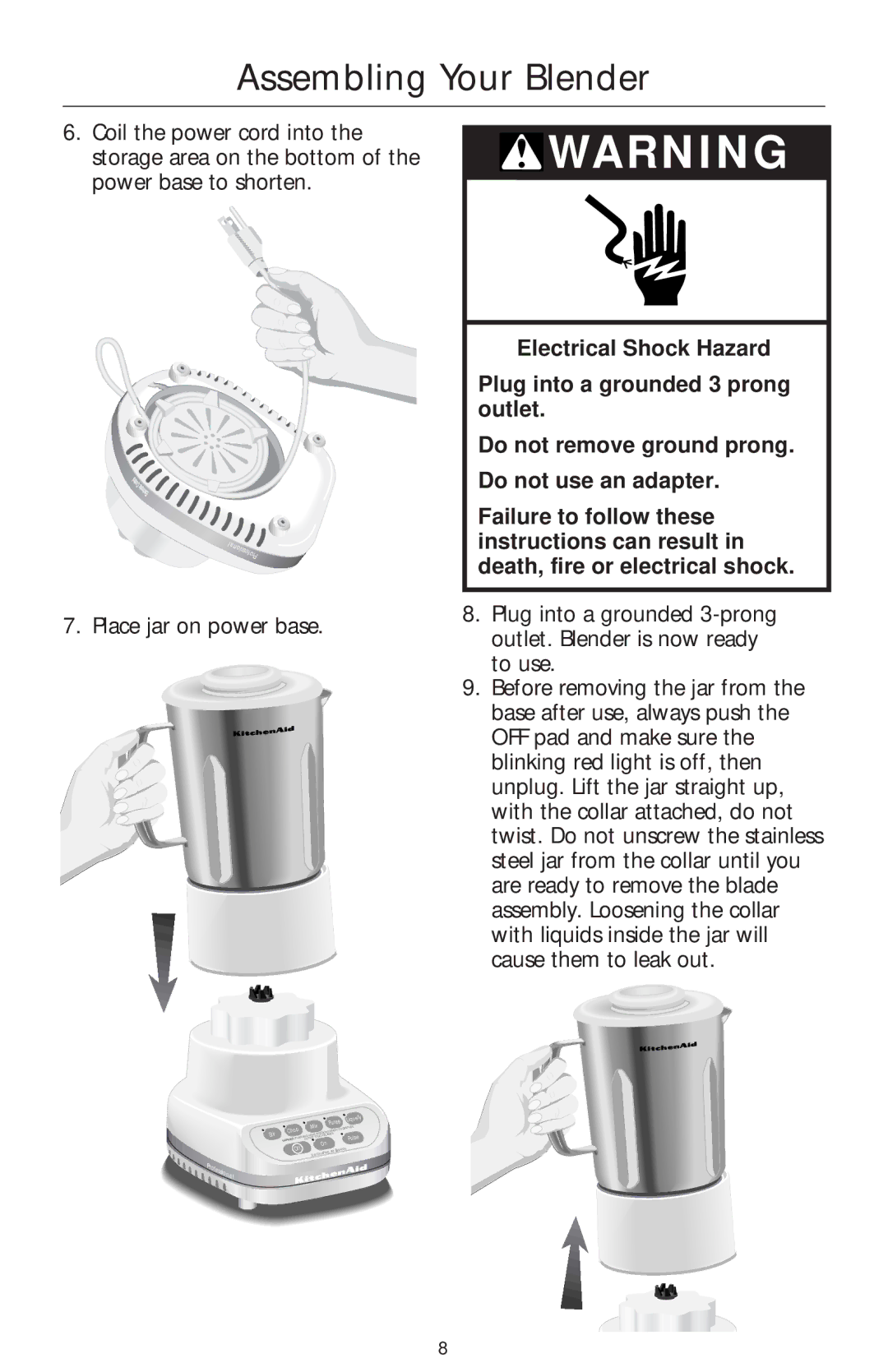 KitchenAid 5 Speed Professional Blender manual Place jar on power base 