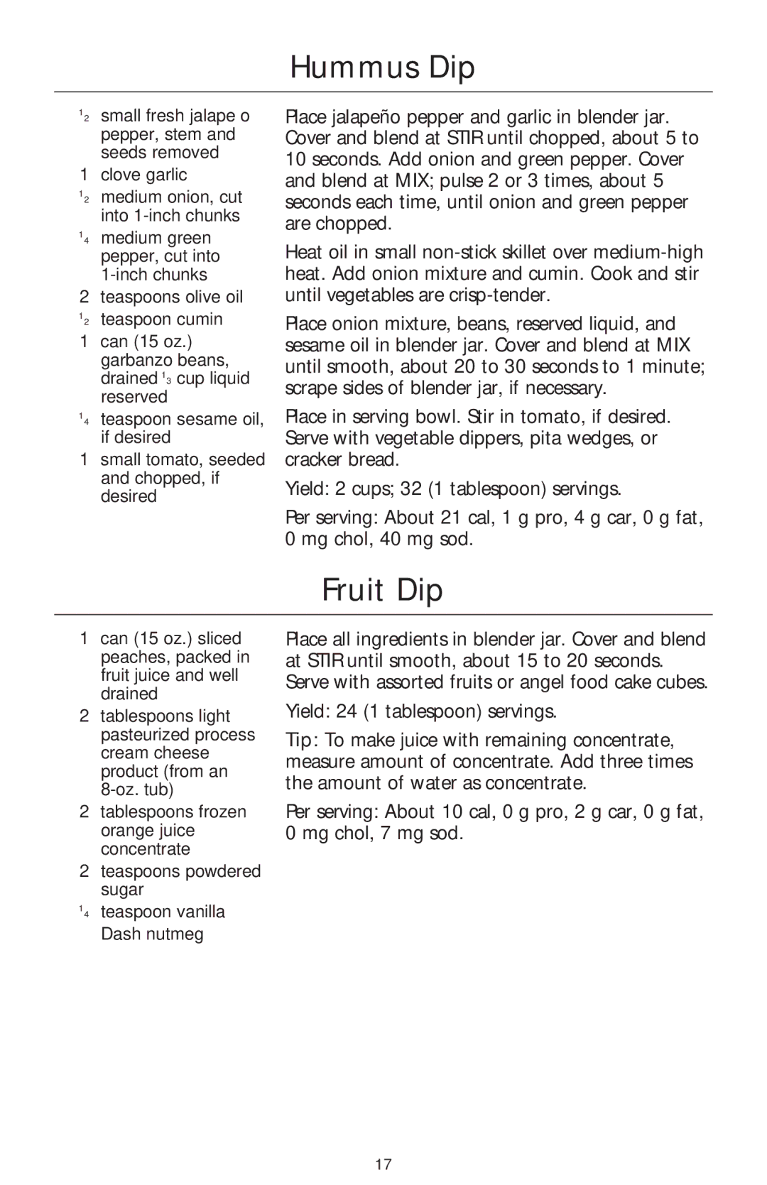 KitchenAid 5 Speed Professional Blender manual Hummus Dip, Fruit Dip 