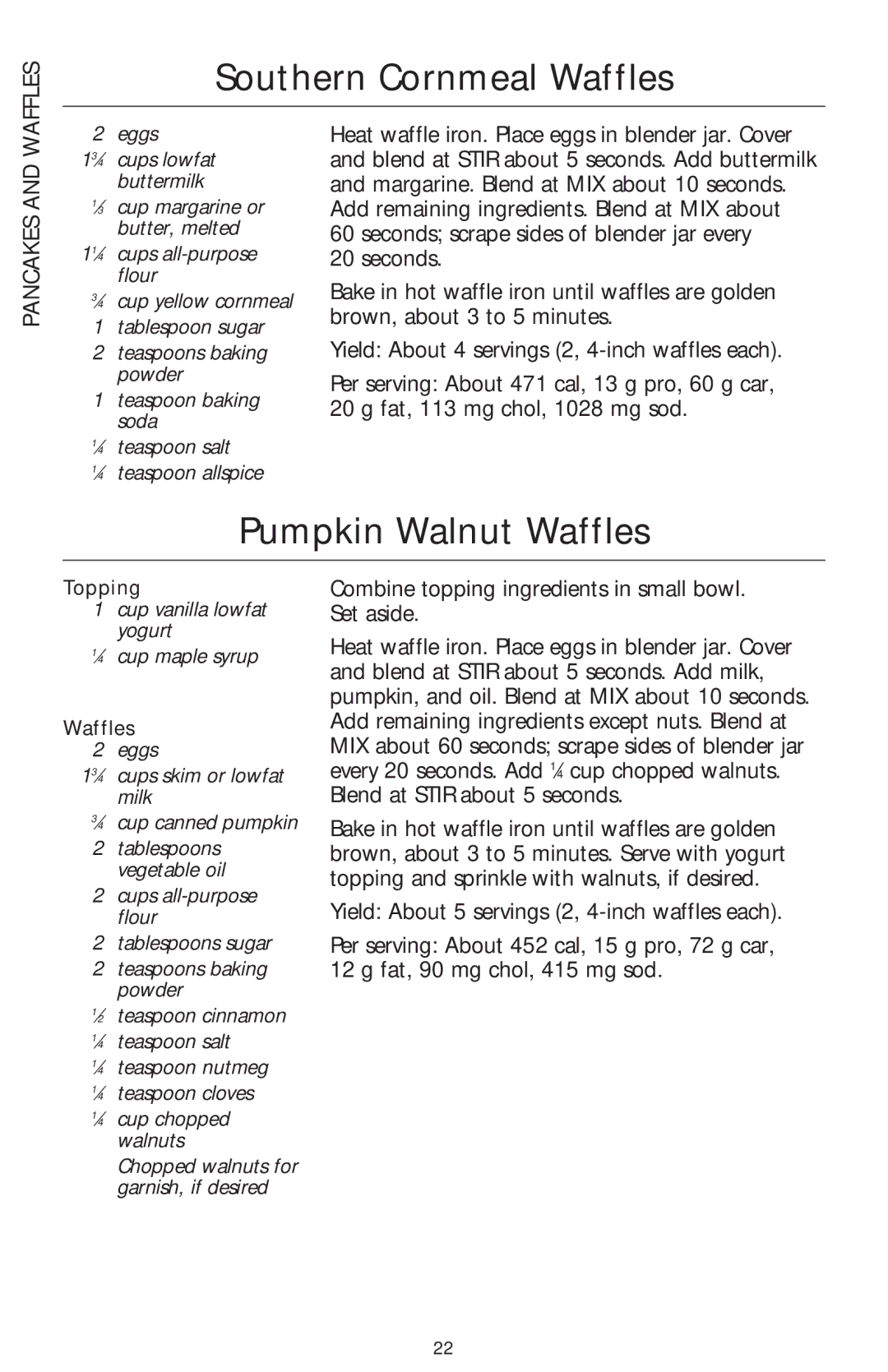 KitchenAid 5 Speed Professional Blender manual Southern Cornmeal Waffles, Pumpkin Walnut Waffles, Pancakes 