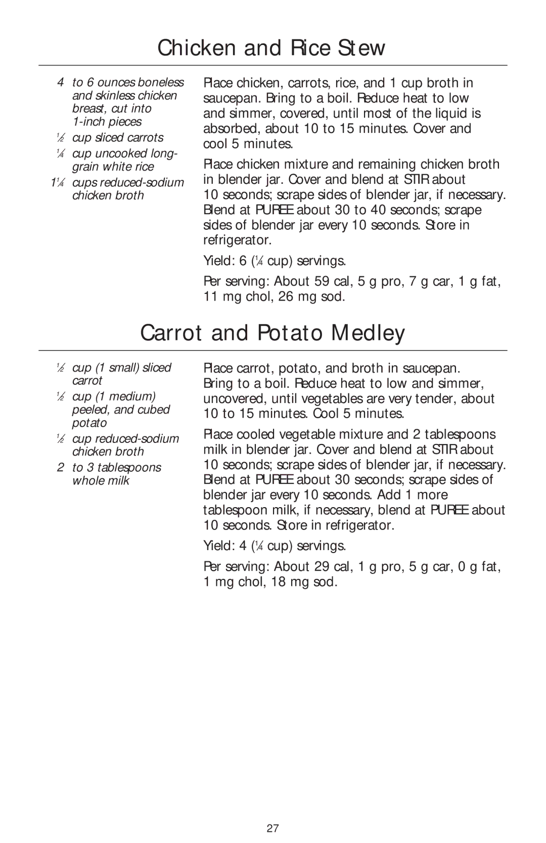 KitchenAid 5 Speed Professional Blender manual Chicken and Rice Stew, Carrot and Potato Medley 