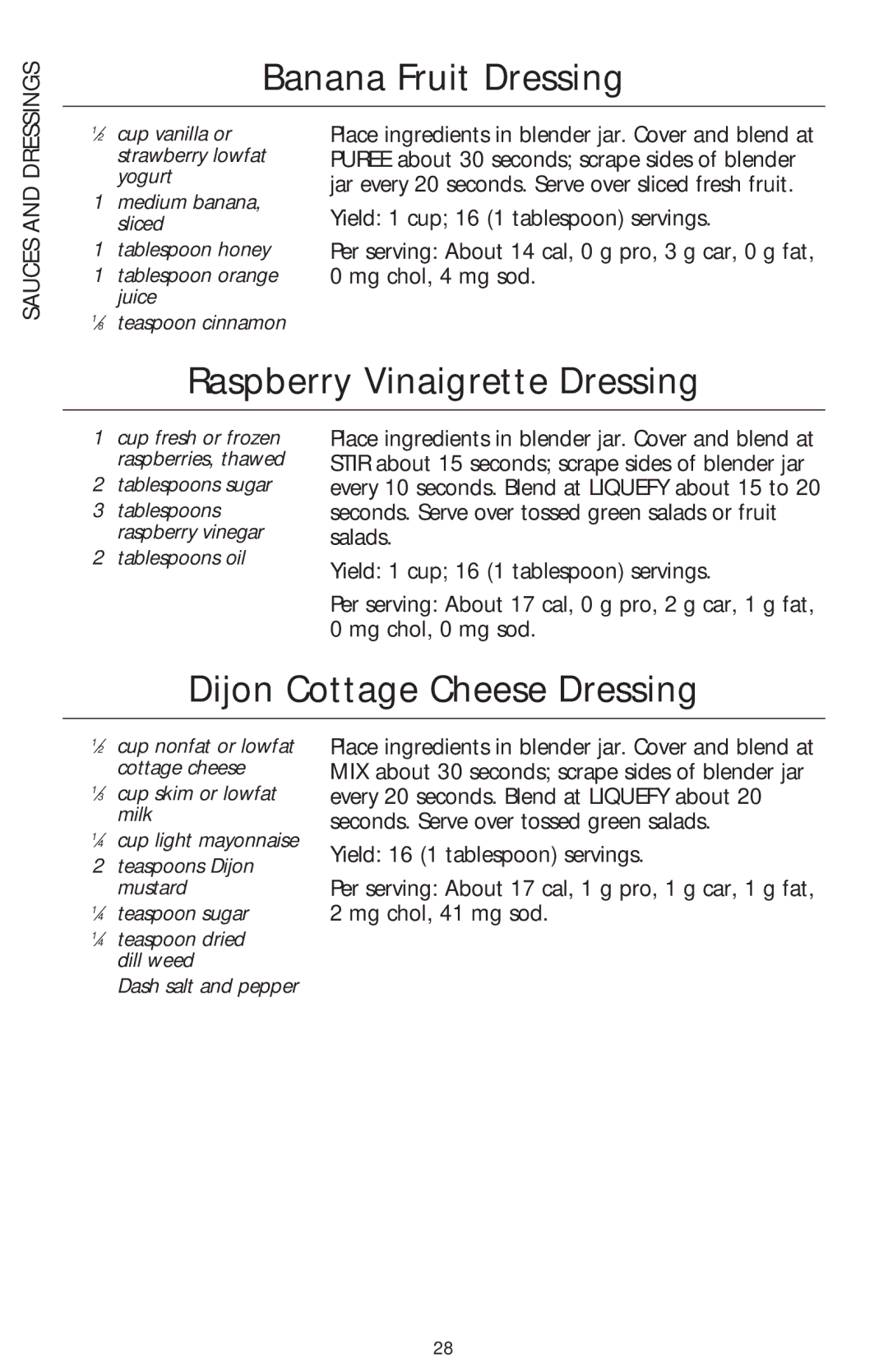 KitchenAid 5 Speed Professional Blender manual Banana Fruit Dressing, Raspberry Vinaigrette Dressing, Sauces 