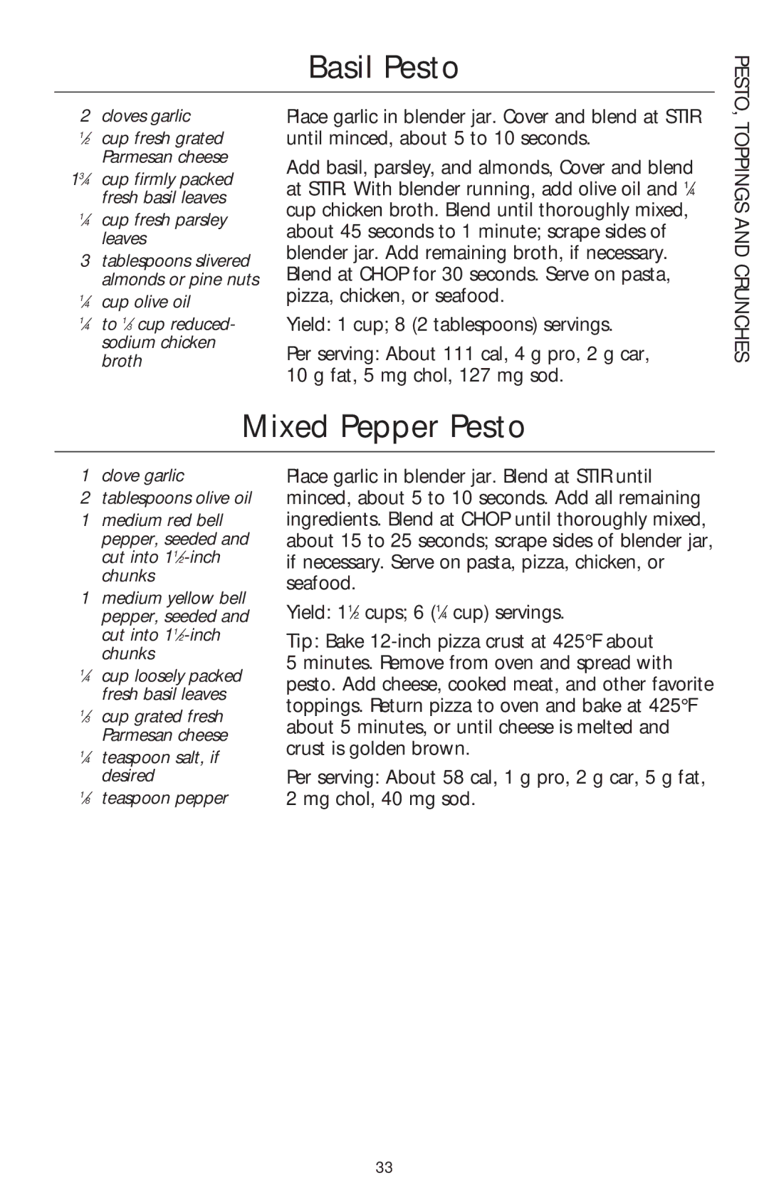 KitchenAid 5 Speed Professional Blender manual Basil Pesto, Mixed Pepper Pesto, Toppings and Crunches 