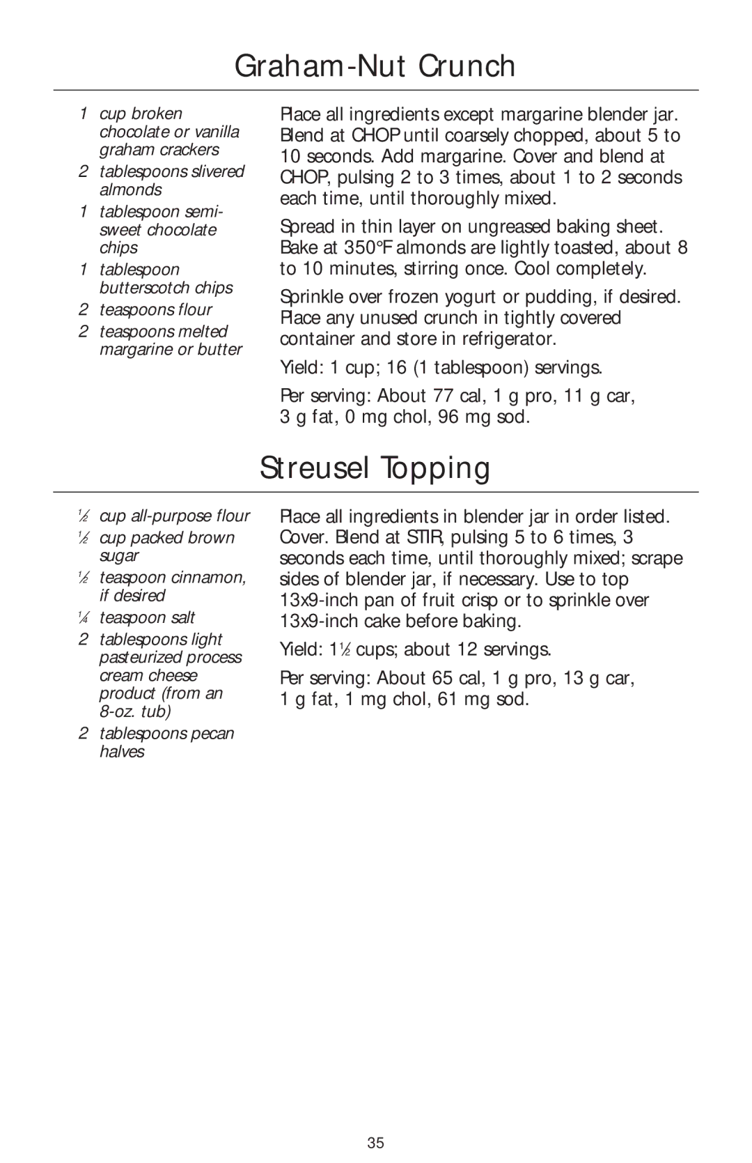 KitchenAid 5 Speed Professional Blender manual Graham-Nut Crunch, Streusel Topping 