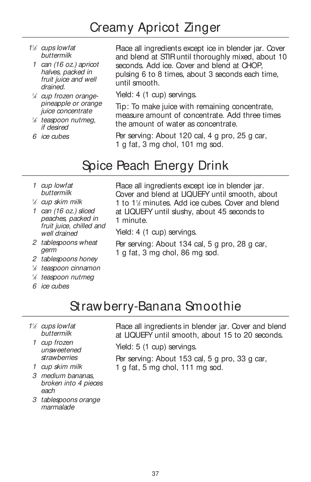 KitchenAid 5 Speed Professional Blender manual Creamy Apricot Zinger, Spice Peach Energy Drink, Strawberry-Banana Smoothie 