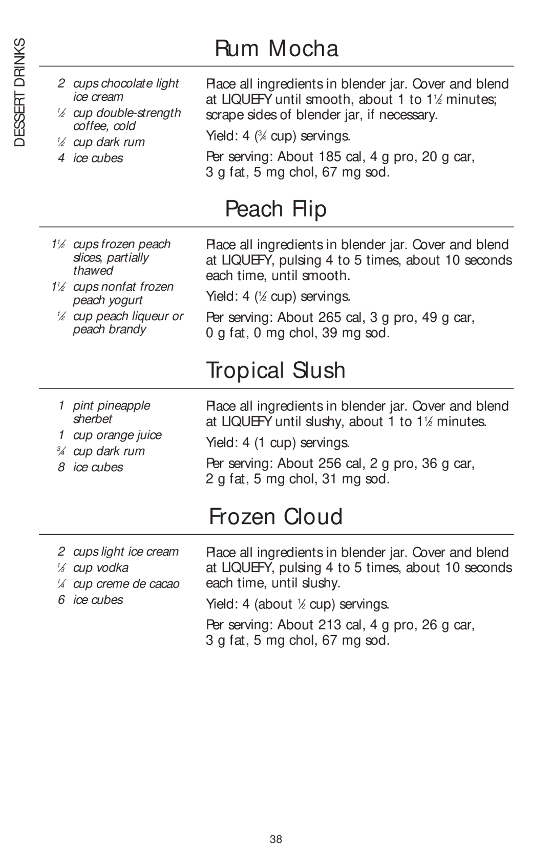 KitchenAid 5 Speed Professional Blender manual Rum Mocha, Peach Flip, Tropical Slush, Frozen Cloud, Dessert 