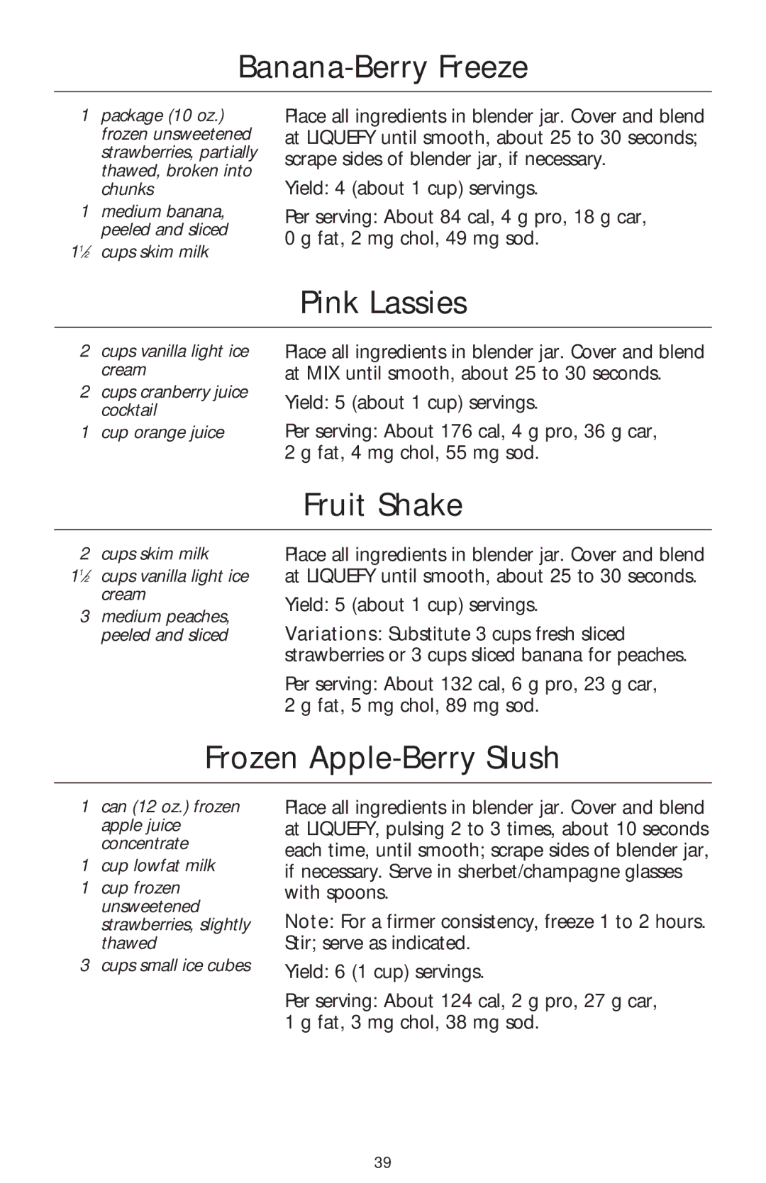 KitchenAid 5 Speed Professional Blender manual Banana-Berry Freeze, Pink Lassies, Fruit Shake, Frozen Apple-Berry Slush 