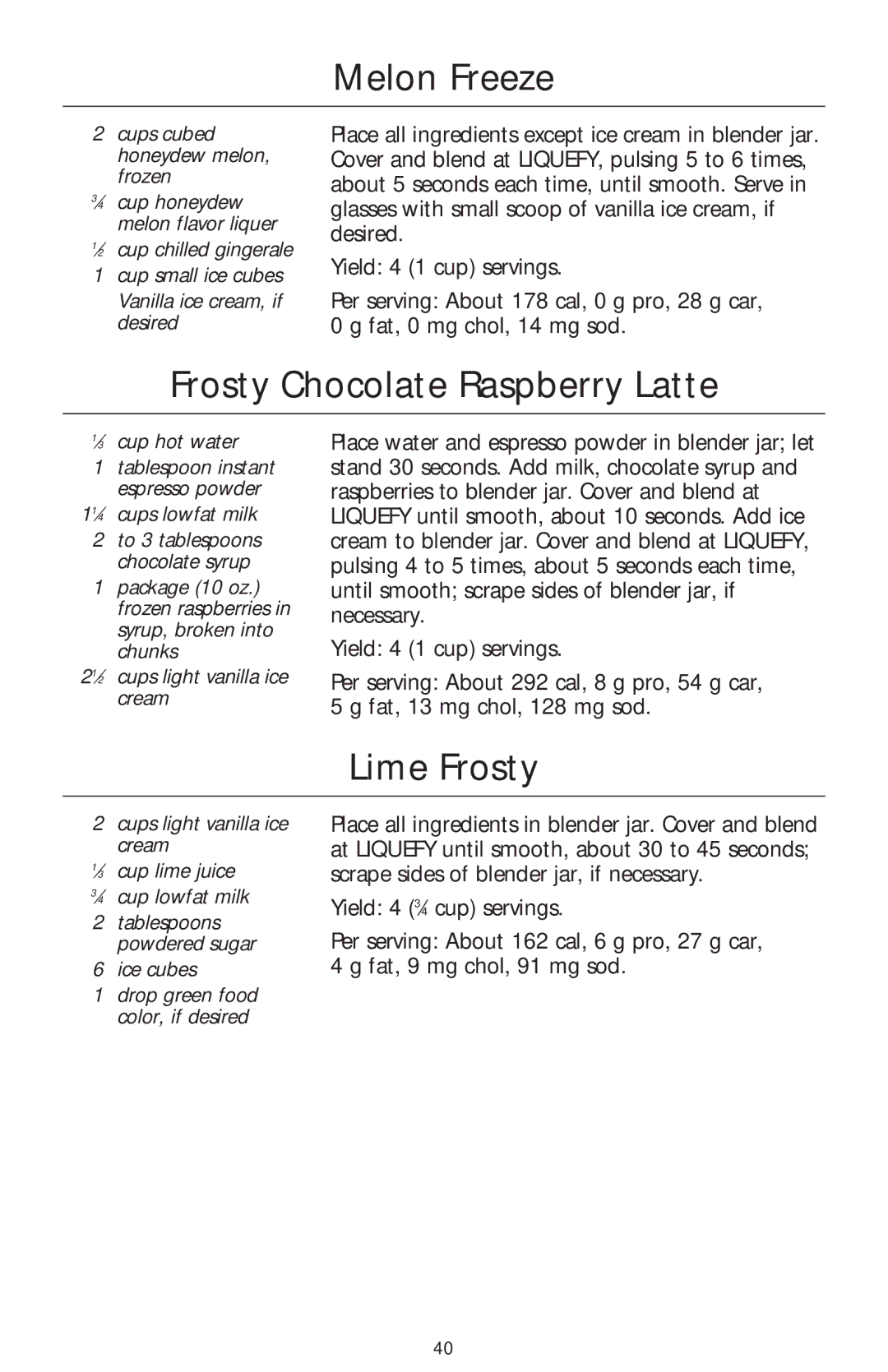 KitchenAid 5 Speed Professional Blender manual Melon Freeze, Frosty Chocolate Raspberry Latte, Lime Frosty 