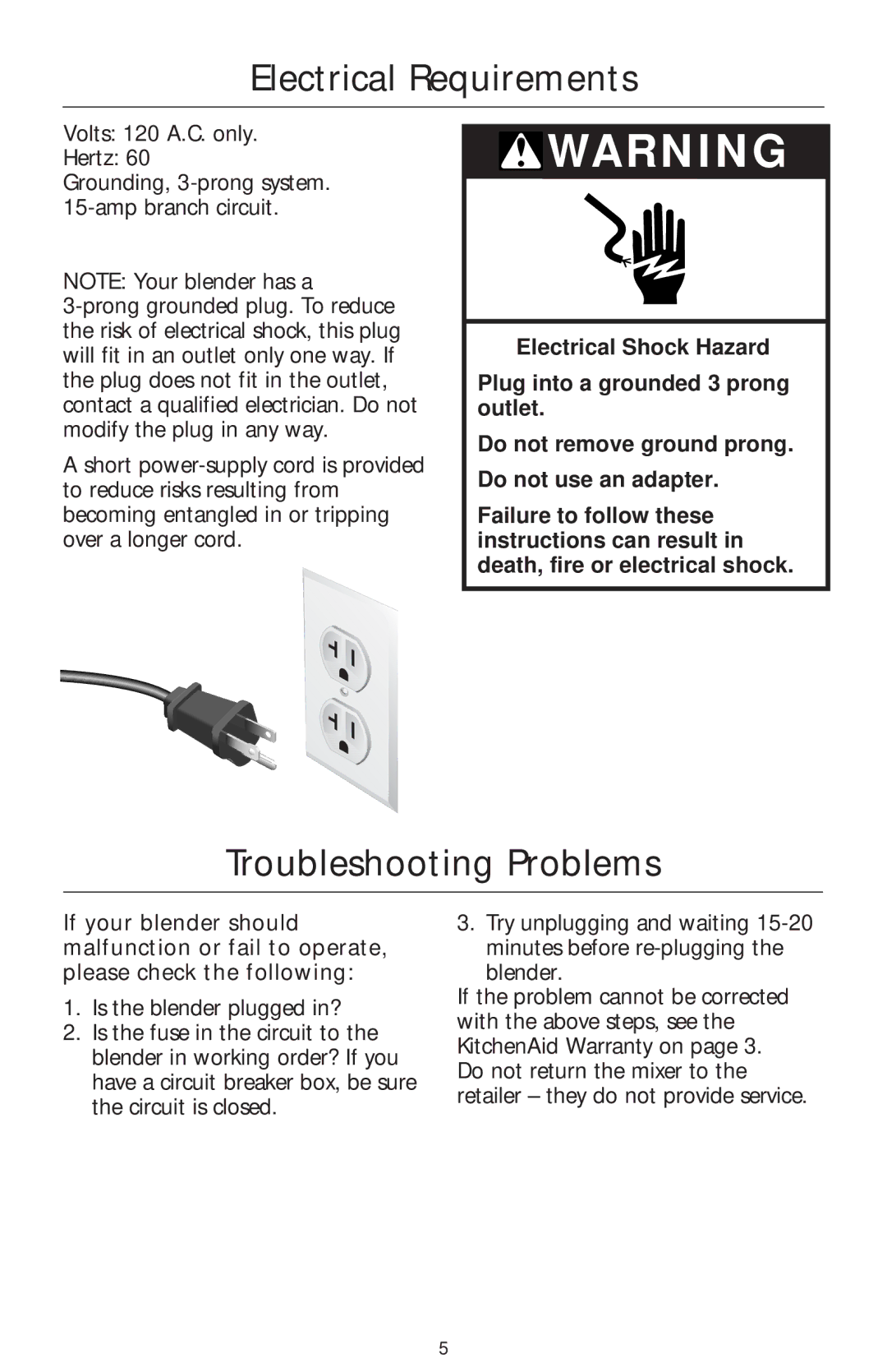 KitchenAid 5 Speed Professional Blender manual Electrical Requirements, Troubleshooting Problems 