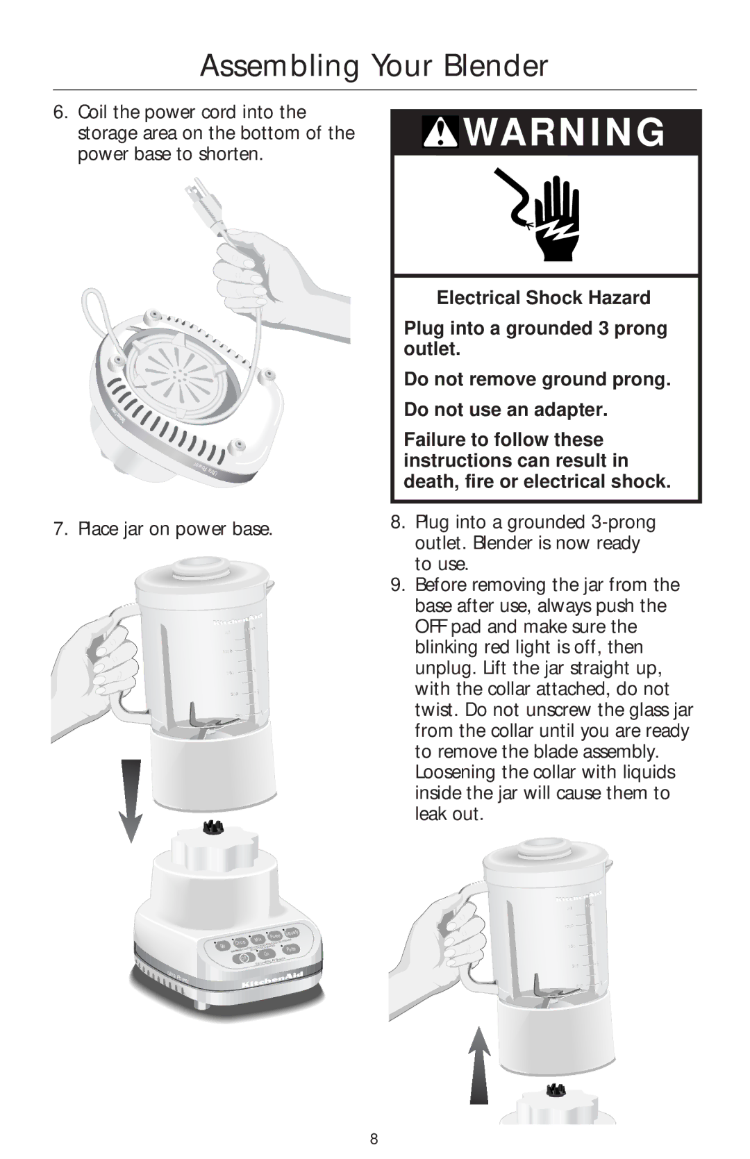 KitchenAid 5 SPEED ULTRA POWER BLENDER manual Place jar on power base 