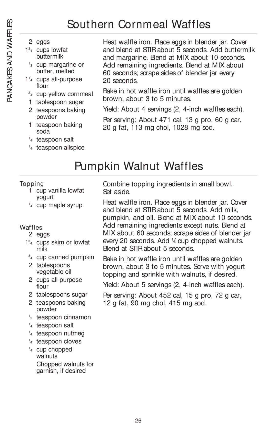 KitchenAid 5 SPEED ULTRA POWER BLENDER manual Southern Cornmeal Waffles, Pumpkin Walnut Waffles, Pancakes 