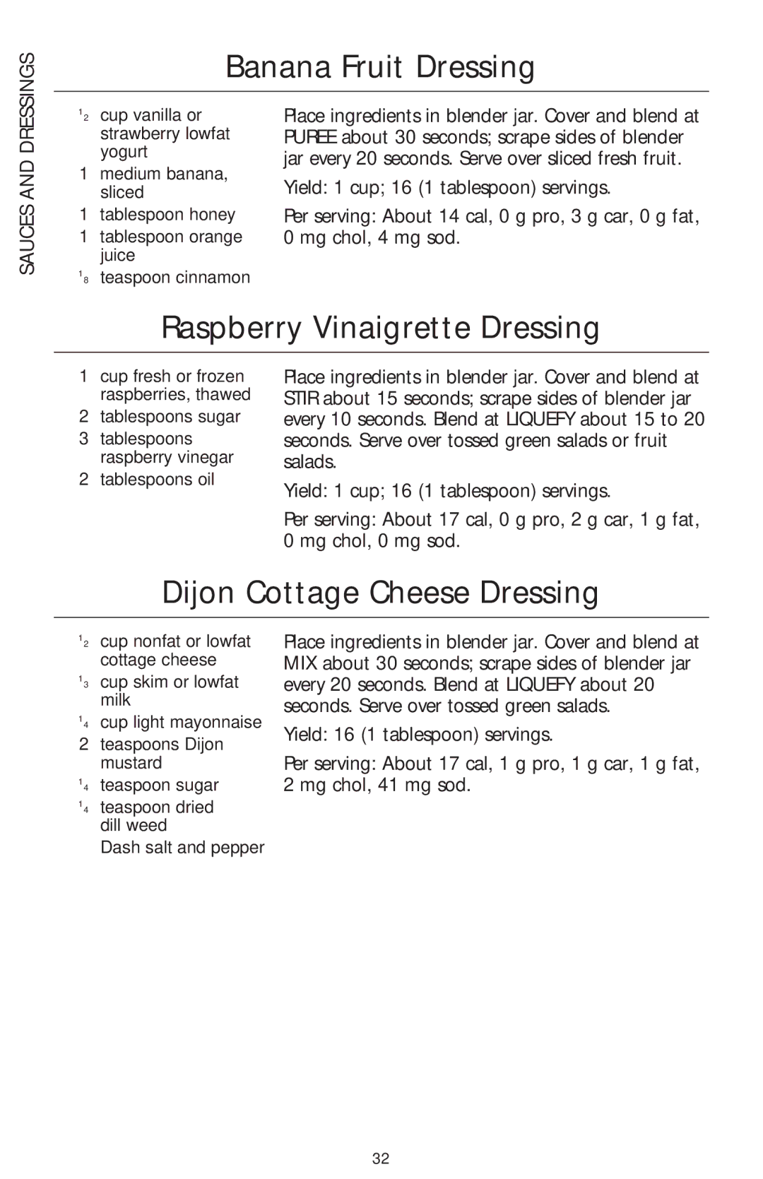 KitchenAid 5 SPEED ULTRA POWER BLENDER manual Banana Fruit Dressing, Raspberry Vinaigrette Dressing, Sauces 