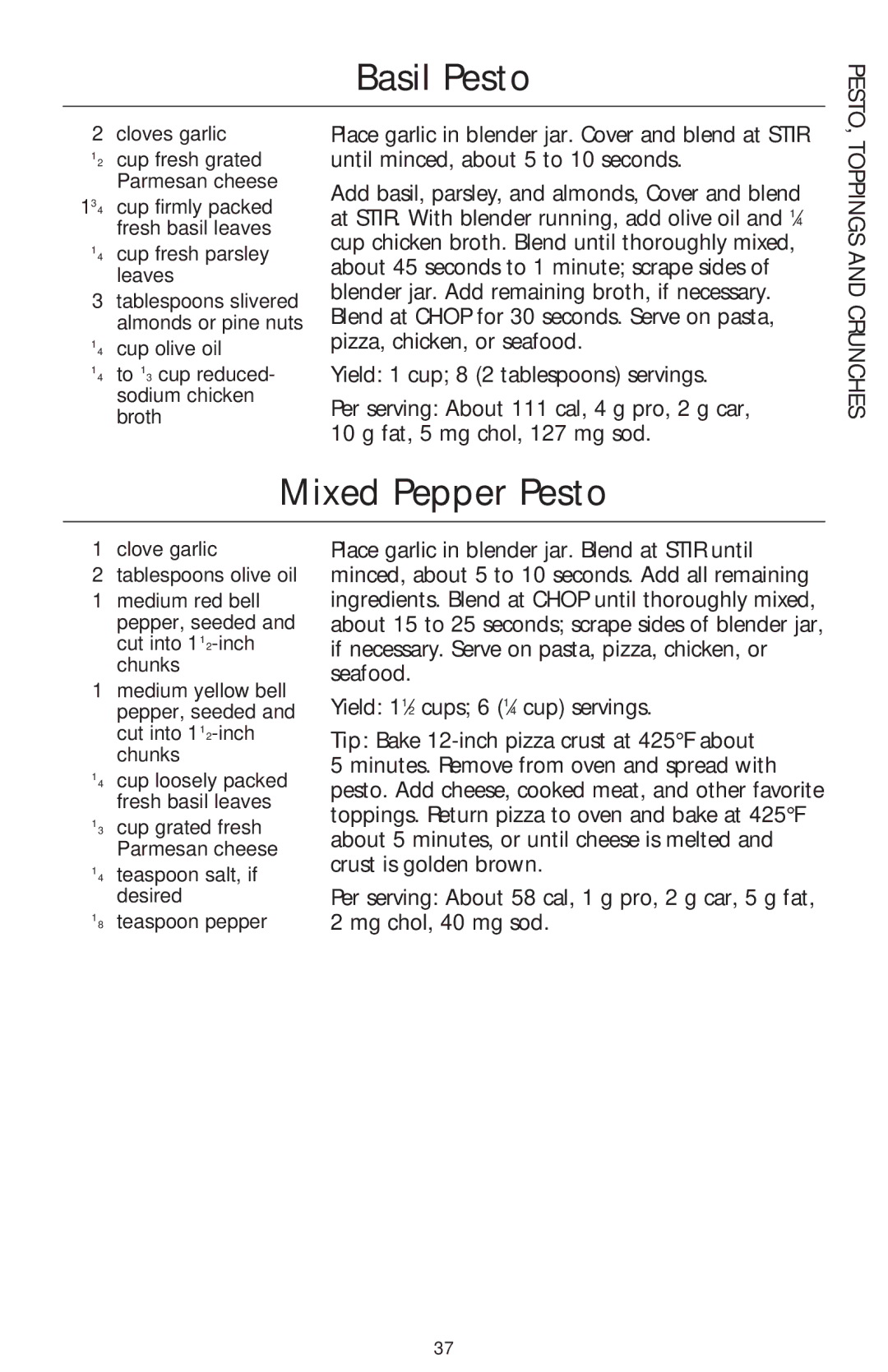 KitchenAid 5 SPEED ULTRA POWER BLENDER manual Basil Pesto, Mixed Pepper Pesto, Toppings and Crunches 