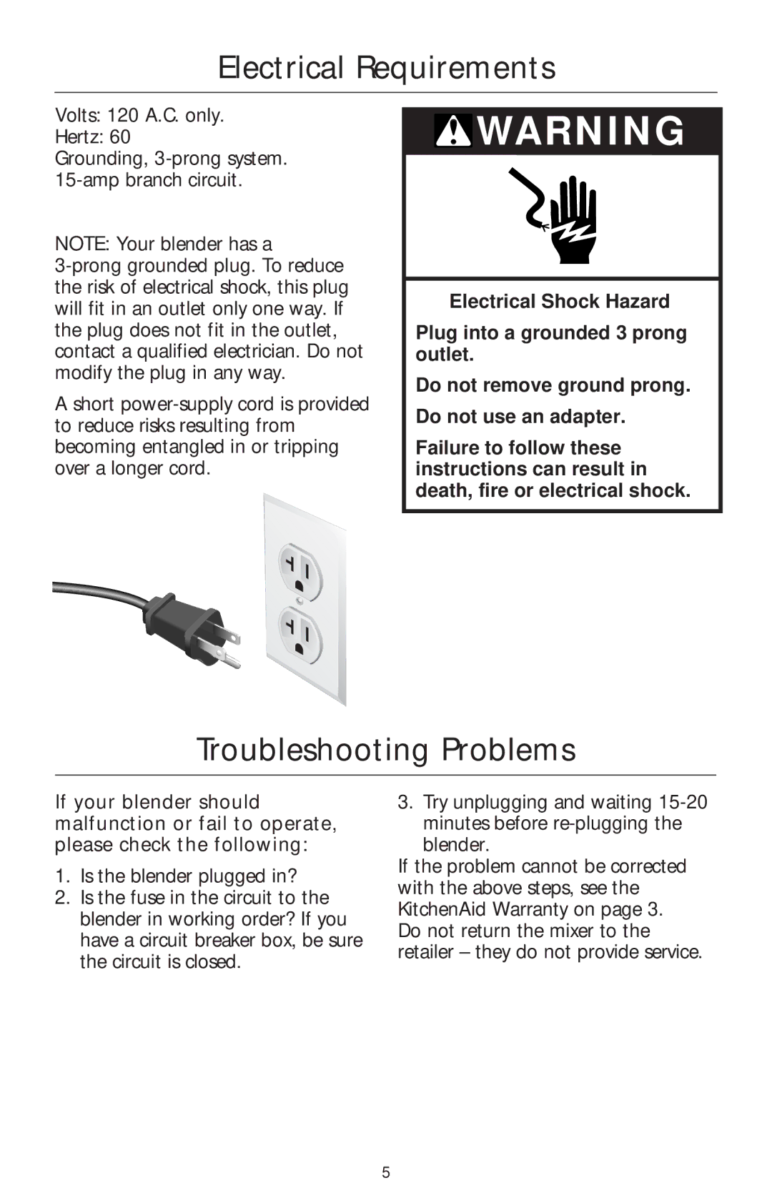 KitchenAid 5 SPEED ULTRA POWER BLENDER manual Electrical Requirements, Troubleshooting Problems 