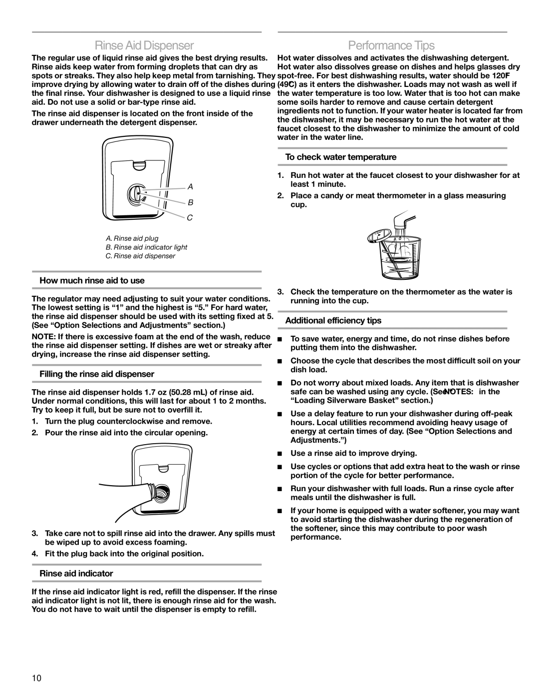 KitchenAid 528824, 8573754A manual Rinse Aid Dispenser, Performance Tips 