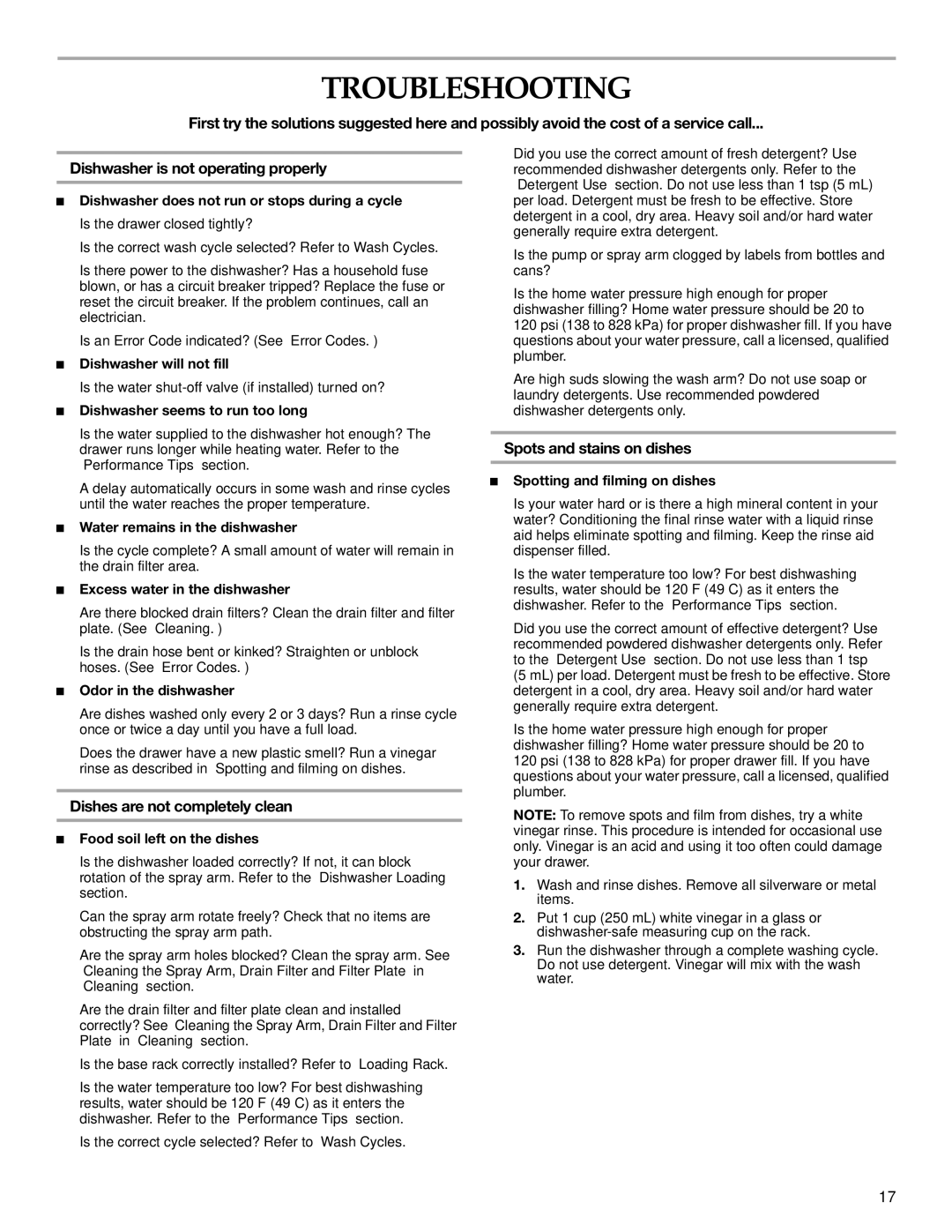 KitchenAid 8573754A, 528824 manual Troubleshooting, Spots and stains on dishes, Dishes are not completely clean 