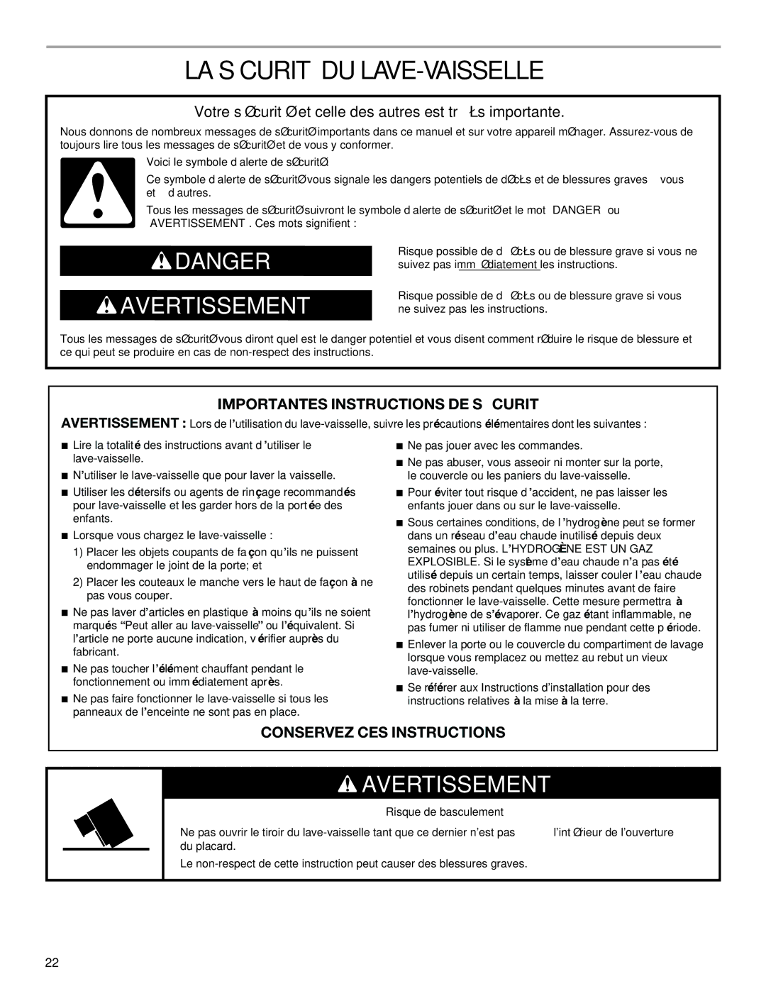 KitchenAid 528824, 8573754A manual LA Sécurité DU LAVE-VAISSELLE, Votre sécurité et celle des autres est très importante 