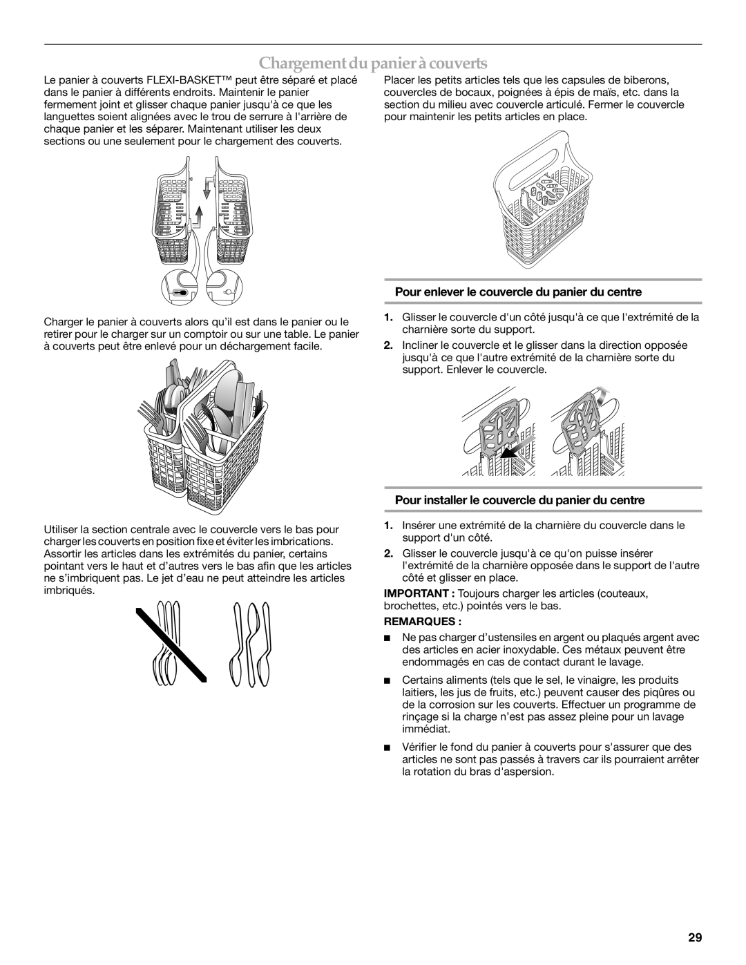 KitchenAid 8573754A, 528824 manual Chargementdu panier à couverts, Pour enlever le couvercle du panier du centre 