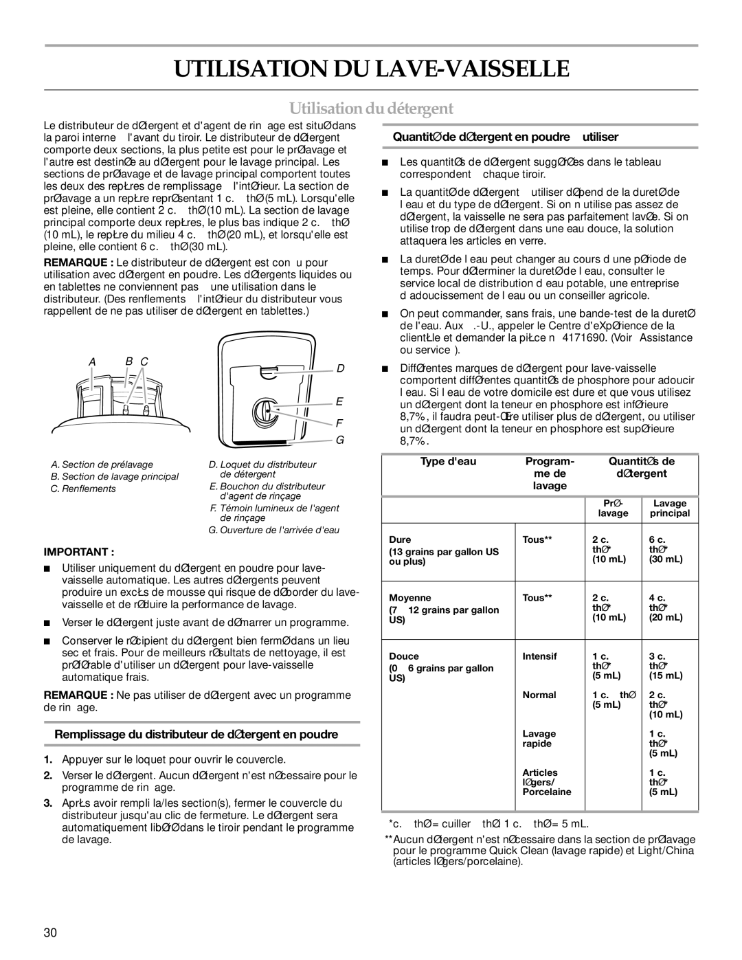 KitchenAid 528824 Utilisation DU LAVE-VAISSELLE, Utilisation du détergent, Quantité de détergent en poudre à utiliser 