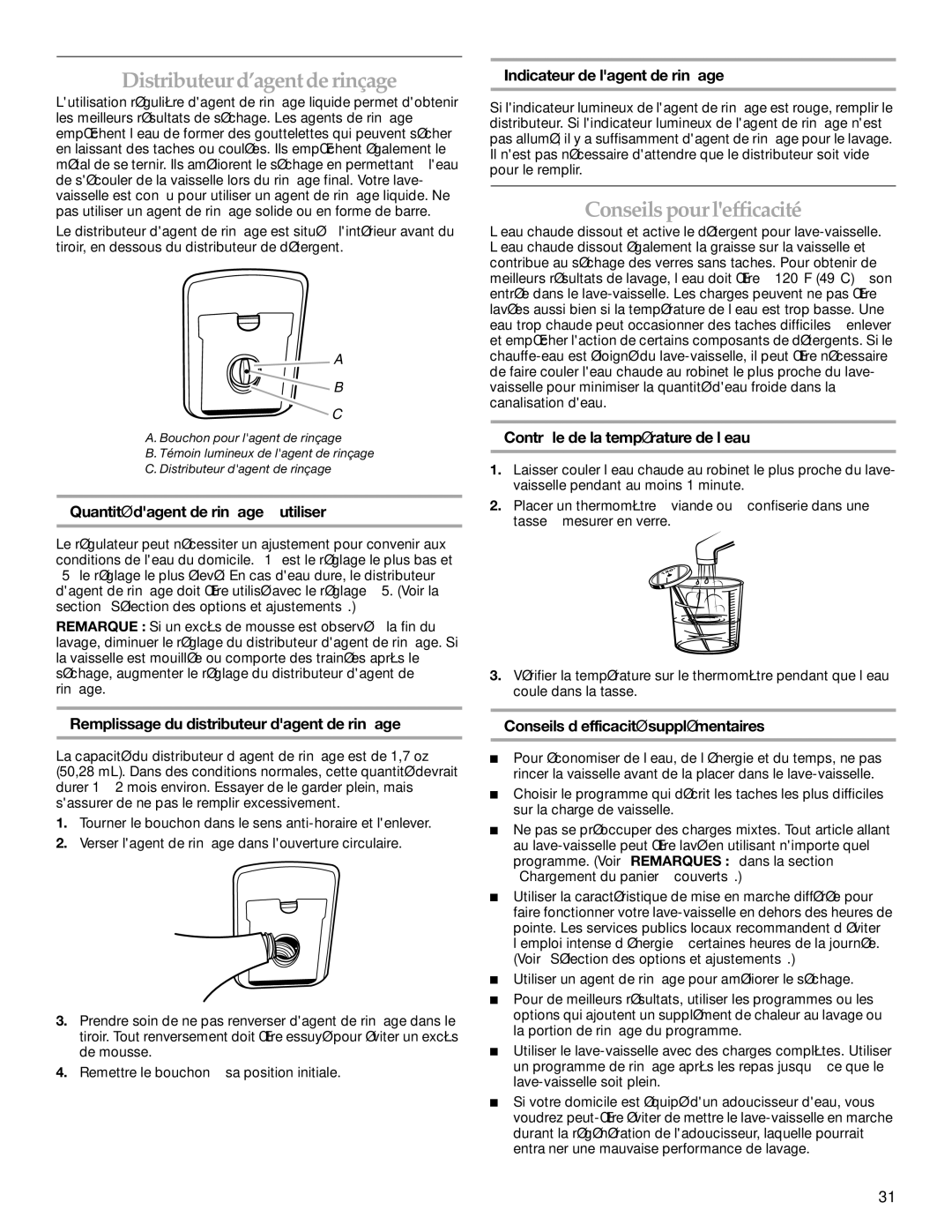 KitchenAid 8573754A, 528824 manual Distributeurd’agentde rinçage, Conseils pour lefficacité 