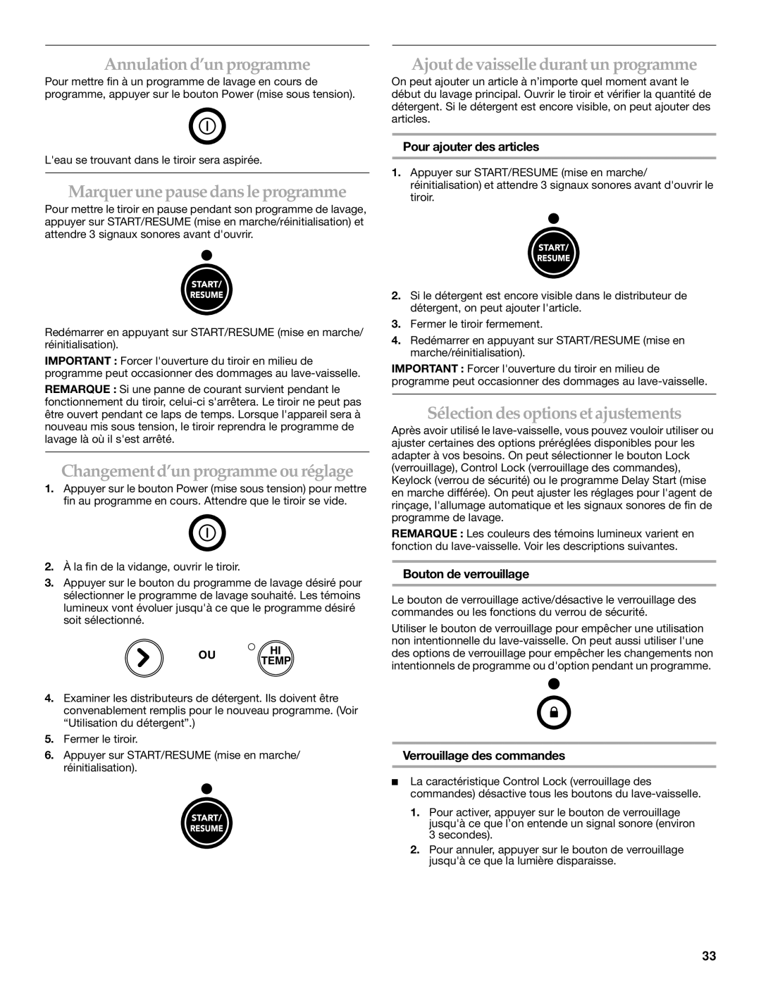 KitchenAid 8573754A Annulation d’un programme, Marquer une pause dans le programme, Changementd’un programme ou réglage 