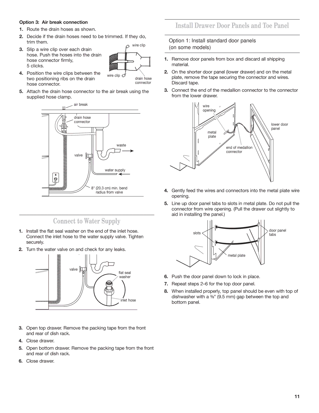 KitchenAid 8573755 A Connect to Water Supply, Install Drawer Door Panels and Toe Panel, Option 3 Air break connection 