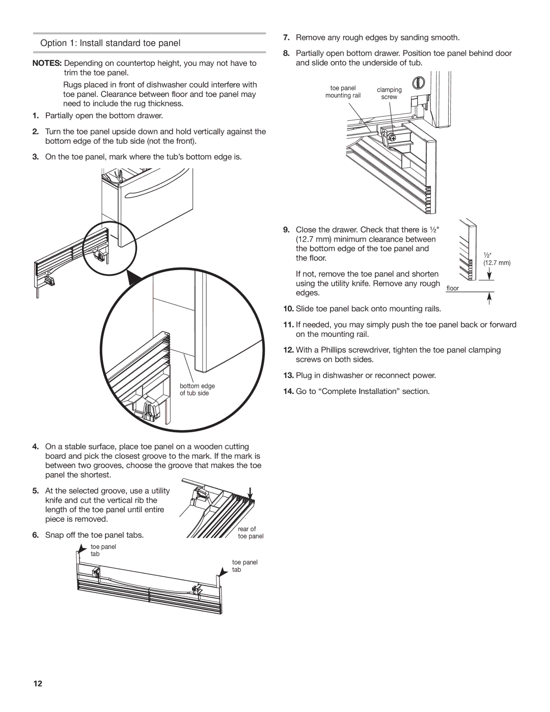 KitchenAid 528879, 8573755 A Option 1 Install standard toe panel, Bottom edge of the toe panel, Floor 