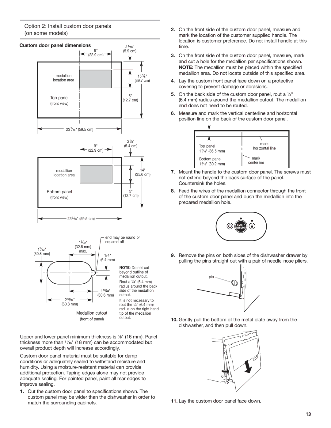 KitchenAid 8573755 A, 528879 Option 2 Install custom door panels on some models, Custom door panel dimensions 