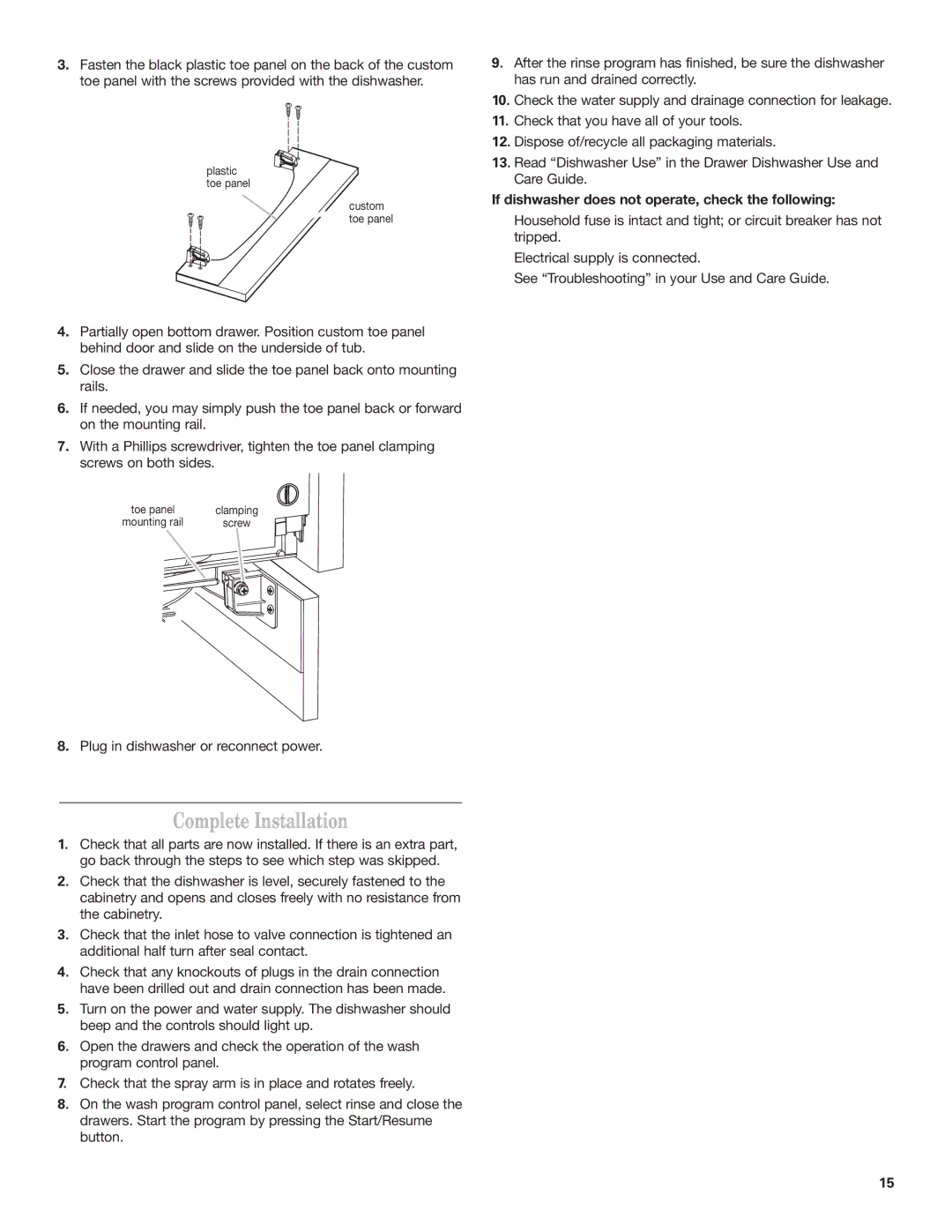 KitchenAid 8573755 A, 528879 Complete Installation, If dishwasher does not operate, check the following 