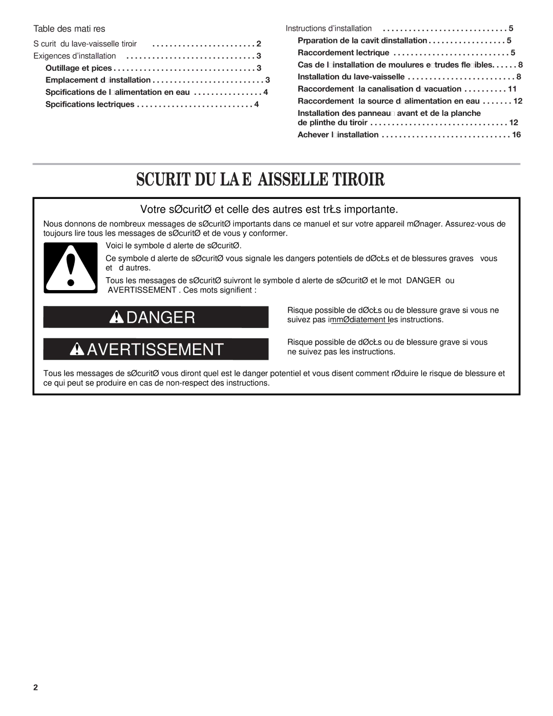 KitchenAid 528879, 8573755 A installation instructions Sécurité DU LAVE-VAISSELLE Tiroir, Table des matières 