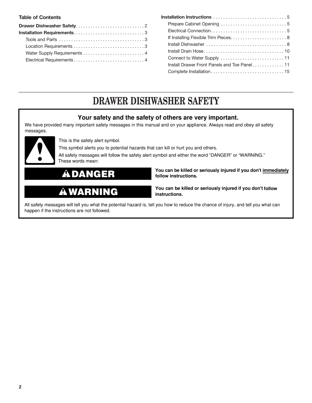 KitchenAid 528879, 8573755 A installation instructions Drawer Dishwasher Safety, Table of Contents 