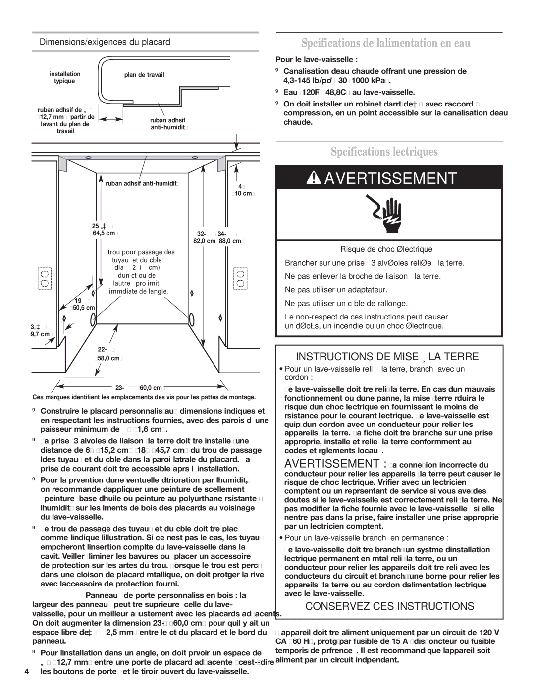 KitchenAid 528879, 8573755 A installation instructions Spécifications de l’alimentation en eau, Spécifications électriques 