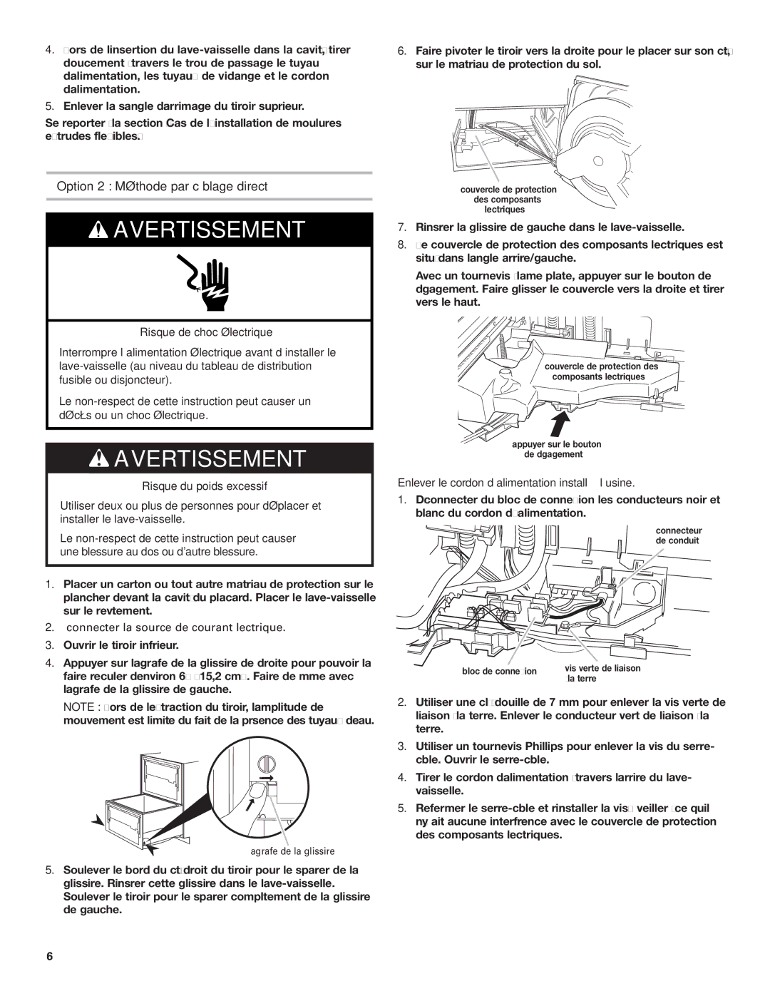 KitchenAid 528879, 8573755 A Option 2 Méthode par câblage direct, Enlever le cordon d’alimentation installé à l’usine 