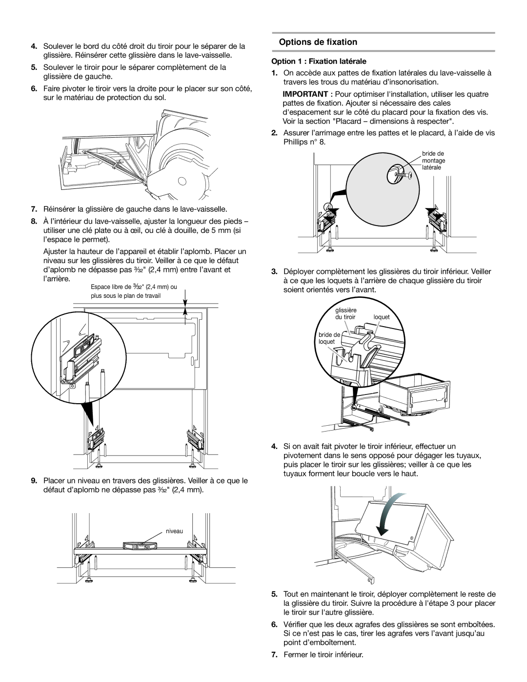 KitchenAid 8573755 A, 528879 installation instructions Options de fixation, ’arrière, Option 1 Fixation latérale 