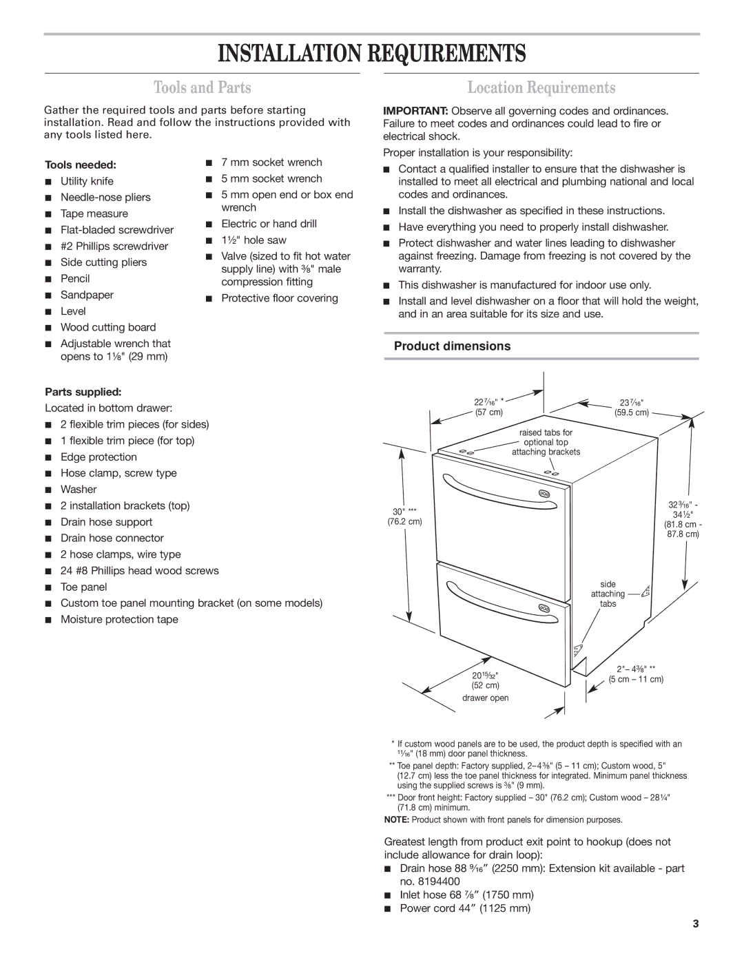 KitchenAid 8573755 A, 528879 Installation Requirements, Tools and Parts, Location Requirements, Product dimensions 