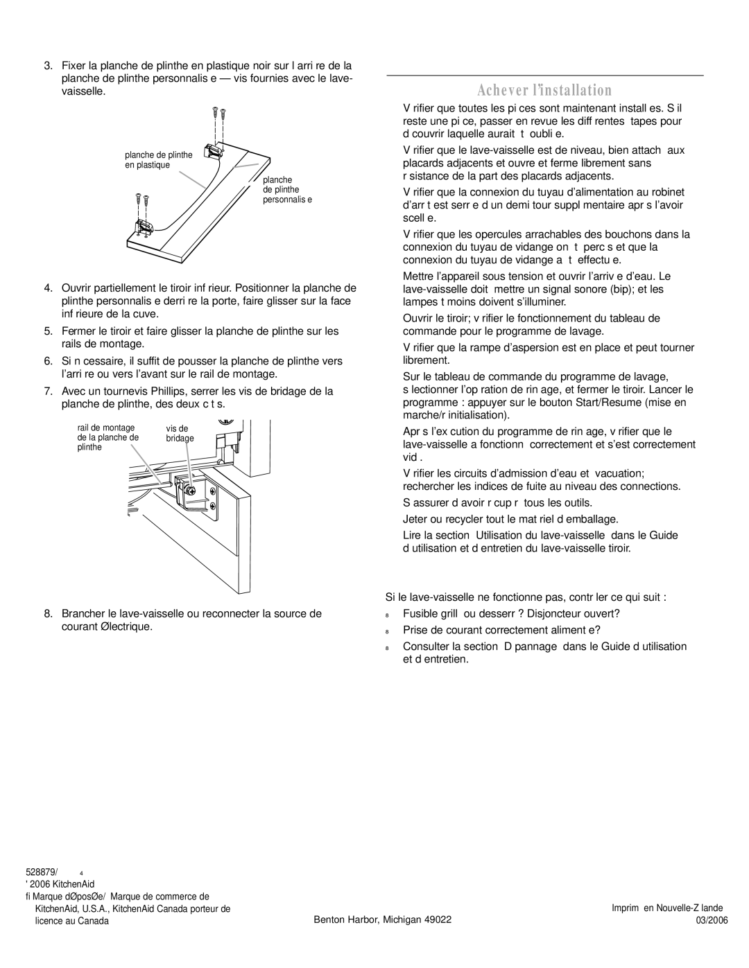 KitchenAid 8573755 A installation instructions Achever l’installation, 528879/88573755 Rév. a 