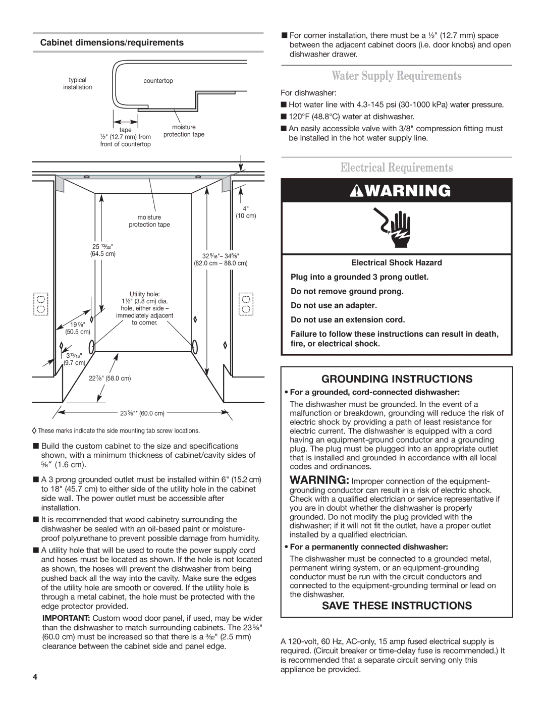 KitchenAid 528879, 8573755 A Water Supply Requirements, Electrical Requirements, Cabinet dimensions/requirements 