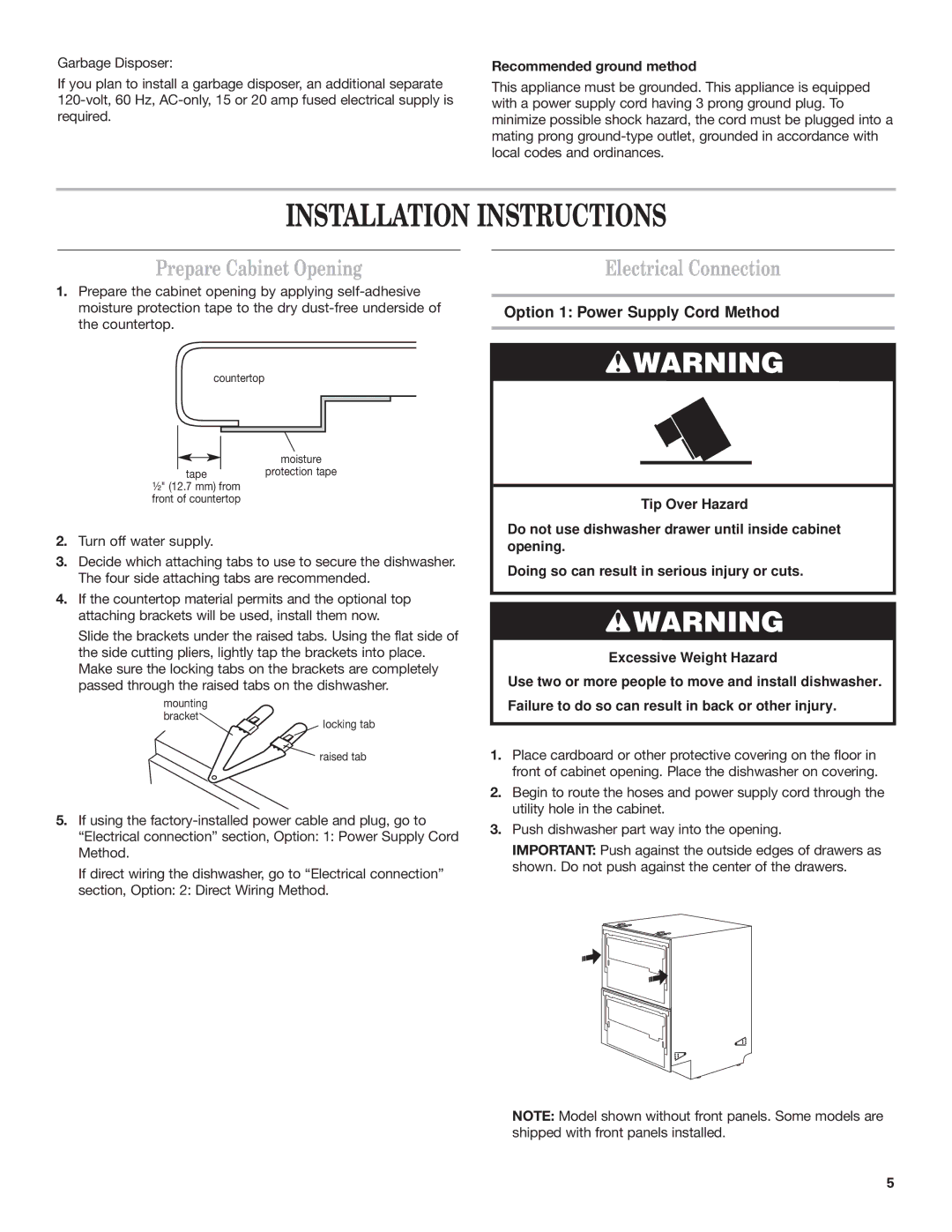 KitchenAid 8573755 A Installation Instructions, Prepare Cabinet Opening, Electrical Connection, Recommended ground method 