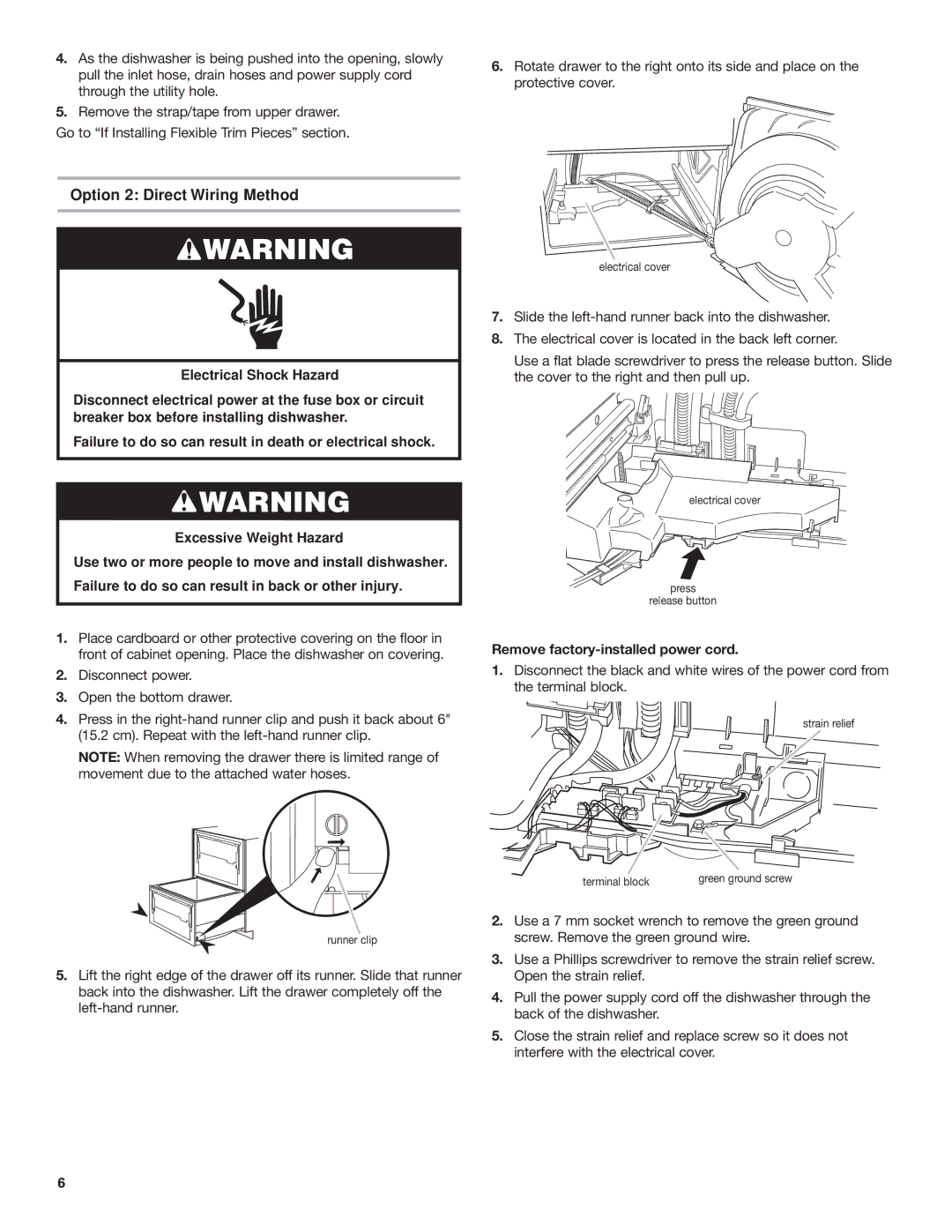 KitchenAid 528879, 8573755 A installation instructions Option 2 Direct Wiring Method, Remove factory-installed power cord 