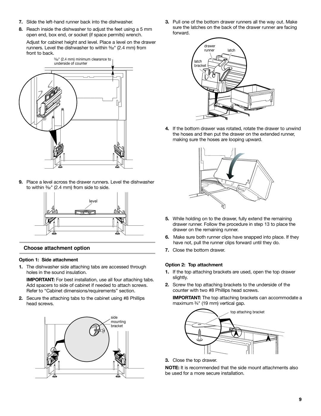 KitchenAid 8573755 A Choose attachment option, Slide the left-hand runner back into the dishwasher, Close the top drawer 