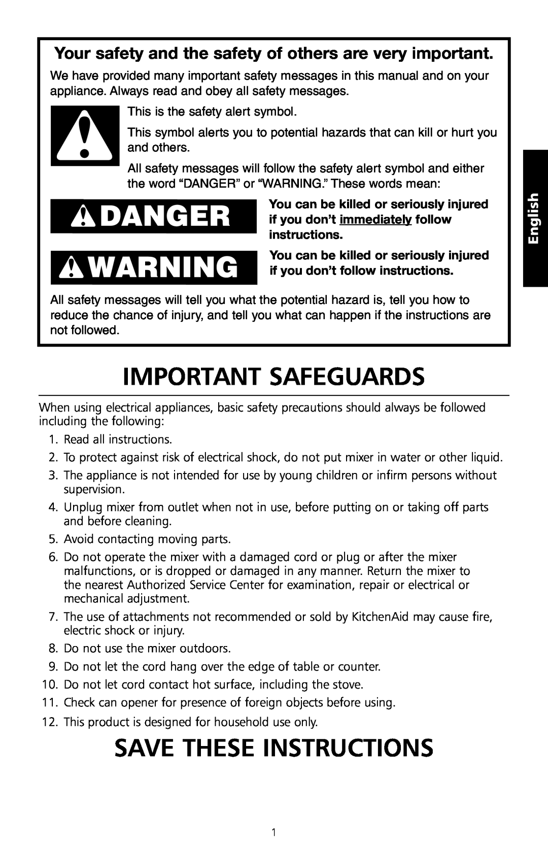 KitchenAid 5CO Important Safeguards, Save These Instructions, Your safety and the safety of others are very important 