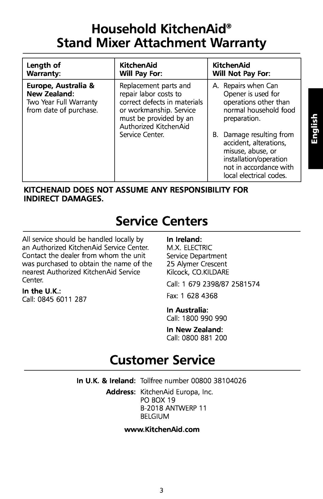 KitchenAid 5CO manual Household KitchenAid Stand Mixer Attachment Warranty, Service Centers, Customer Service 