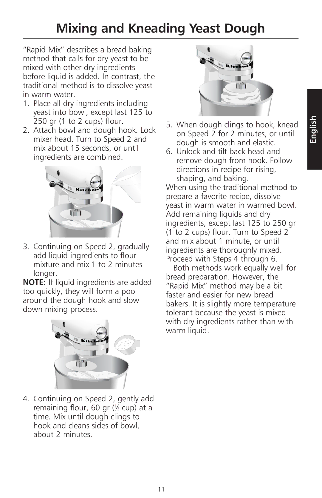 KitchenAid 5KSM150PS, 5K45SS manual Mixing and Kneading Yeast Dough 