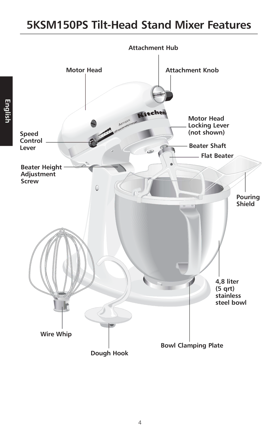 KitchenAid 5K45SS manual 5KSM150PS Tilt-Head Stand Mixer Features 