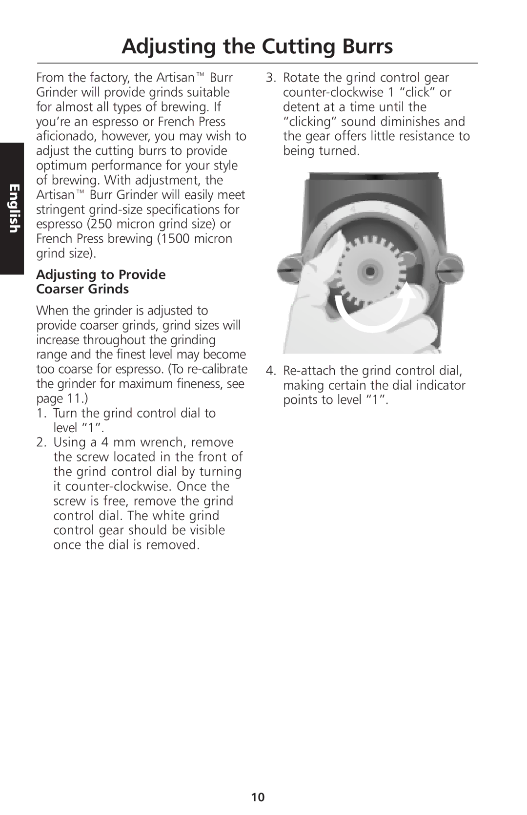 KitchenAid 5KCG100 manual Adjusting the Cutting Burrs, Adjusting to Provide Coarser Grinds 