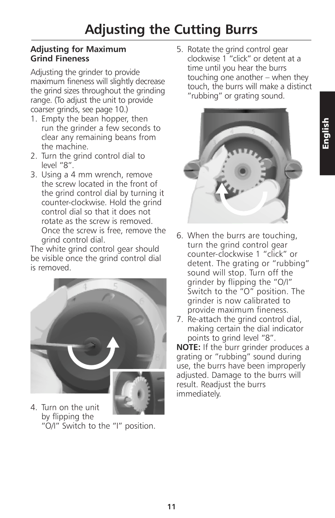 KitchenAid 5KCG100 manual Adjusting for Maximum Grind Fineness 