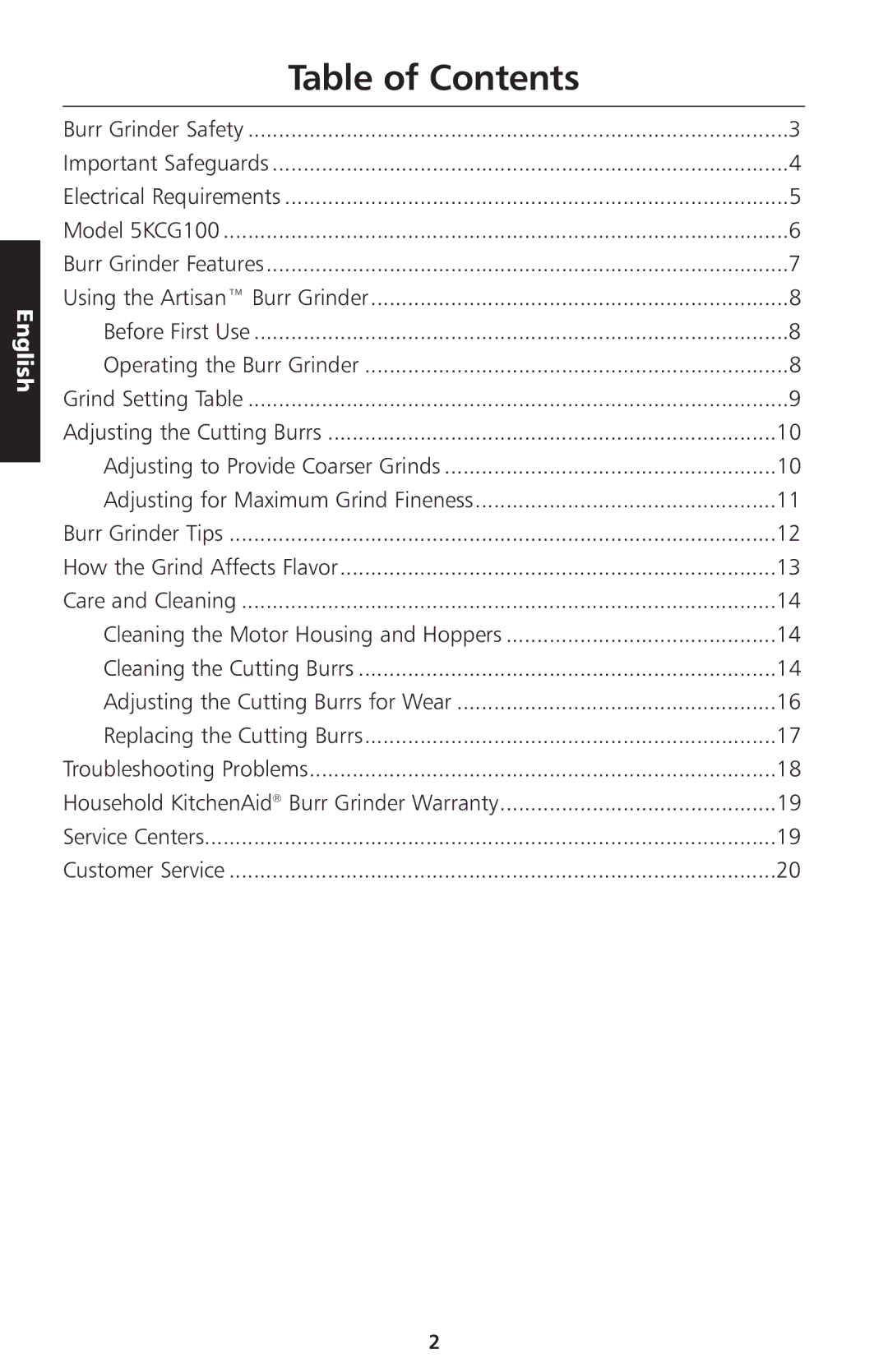 KitchenAid 5KCG100 manual Table of Contents 