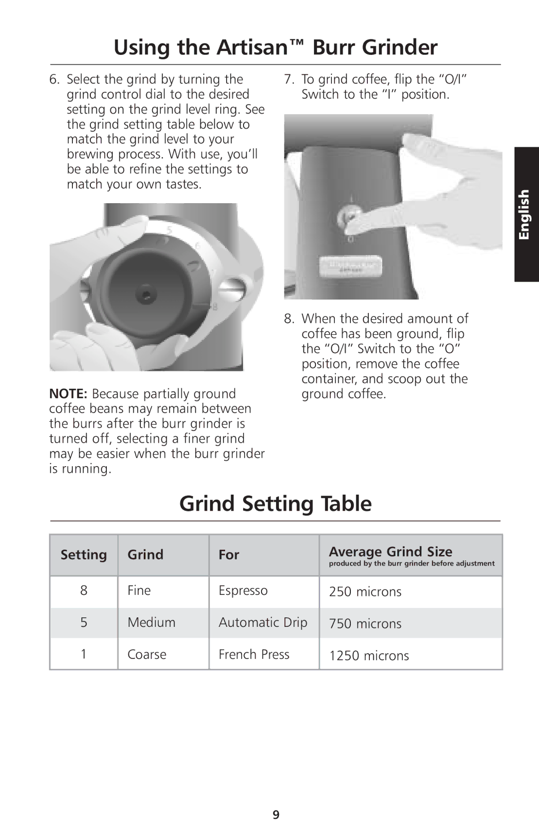 KitchenAid 5KCG100 manual Grind Setting Table, Setting Grind For Average Grind Size 