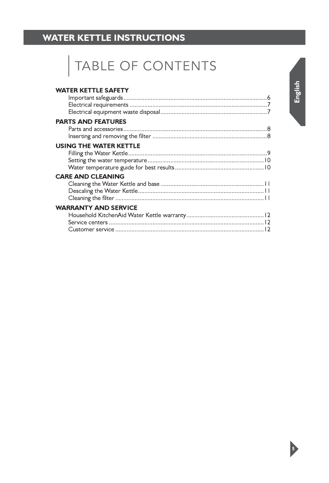 KitchenAid 5KEK1522 manual Table of Contents 