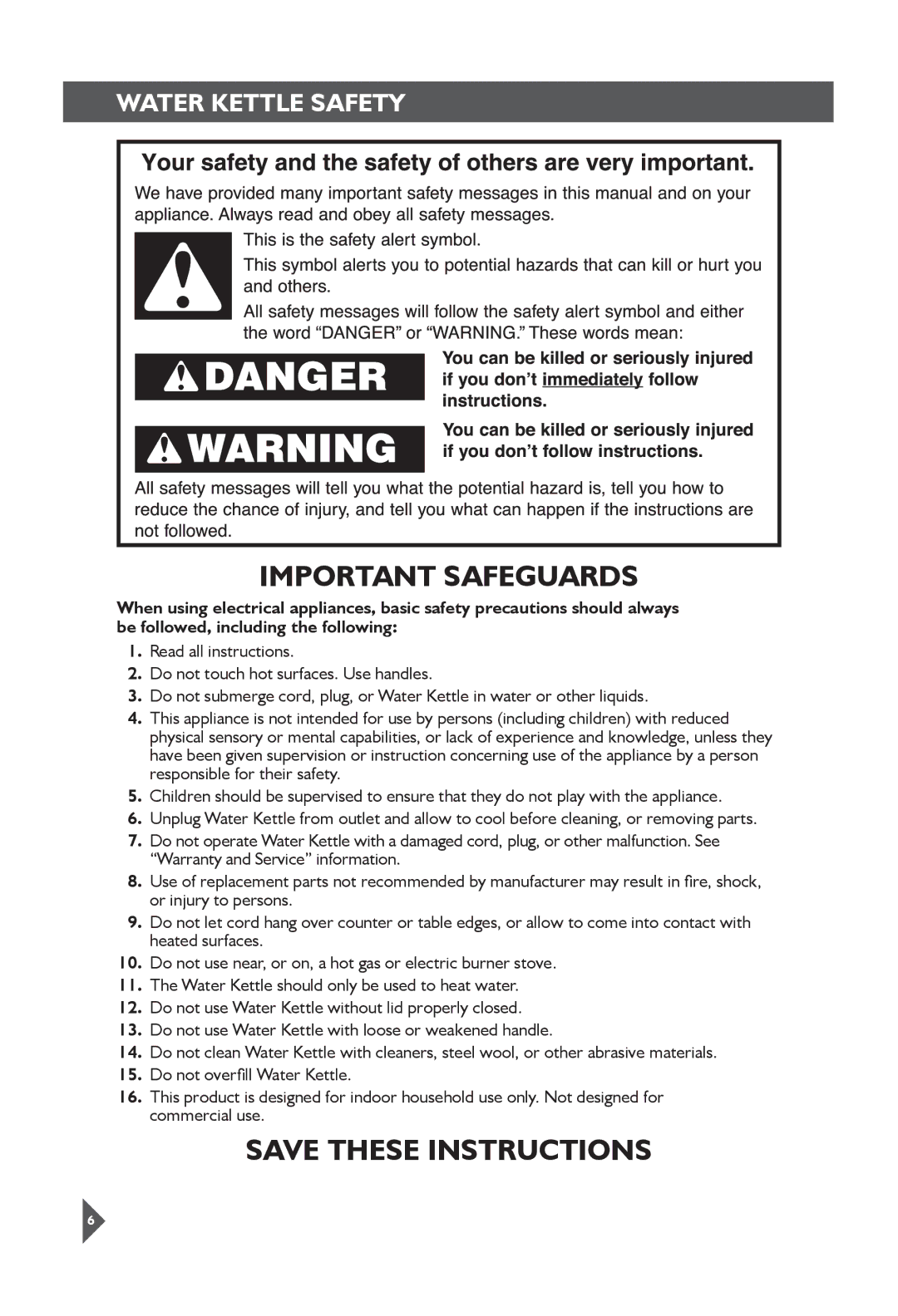 KitchenAid 5KEK1522 manual Important Safeguards, Water kettle Safety 