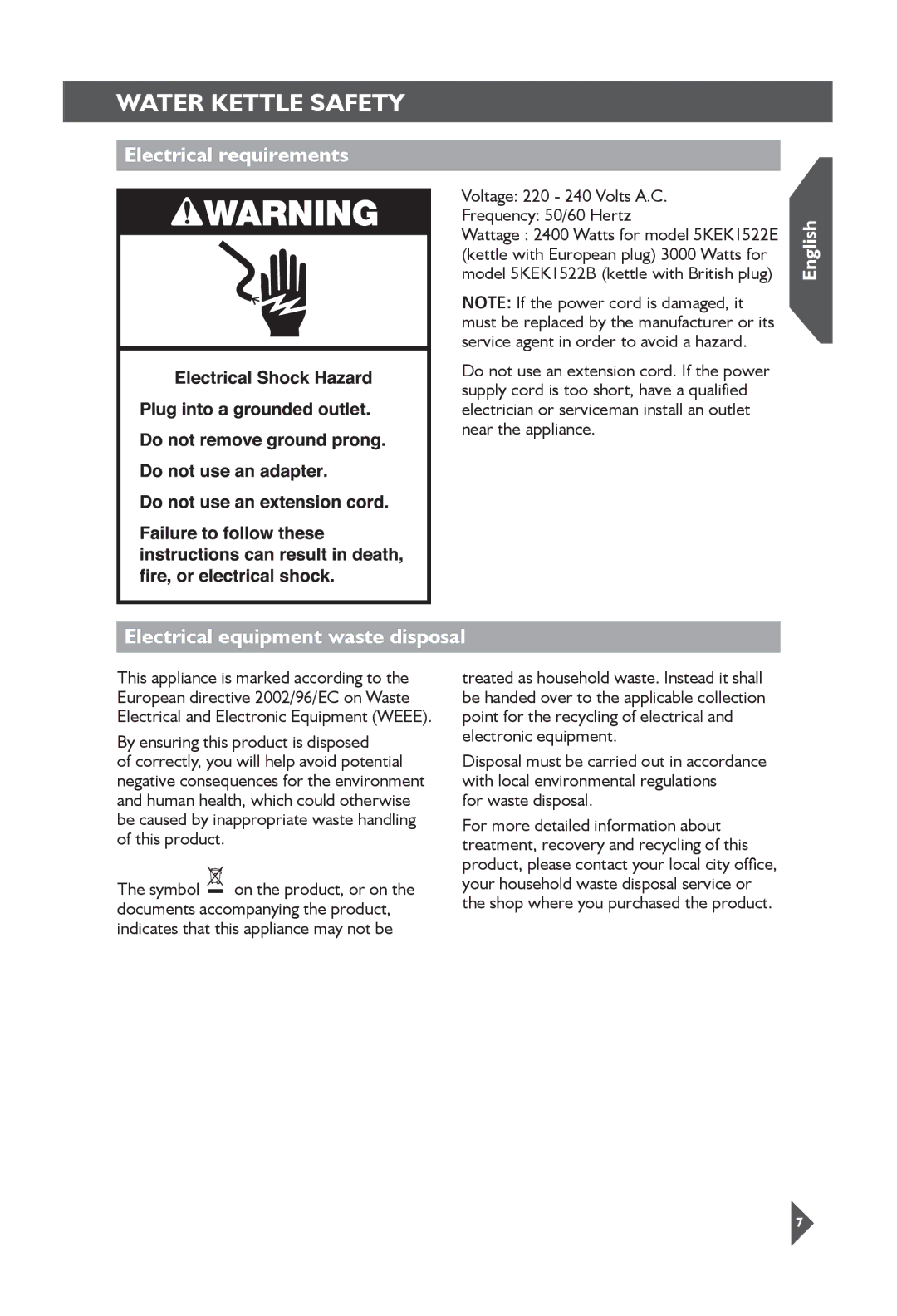 KitchenAid 5KEK1522 manual Electrical requirements, Electrical equipment waste disposal 